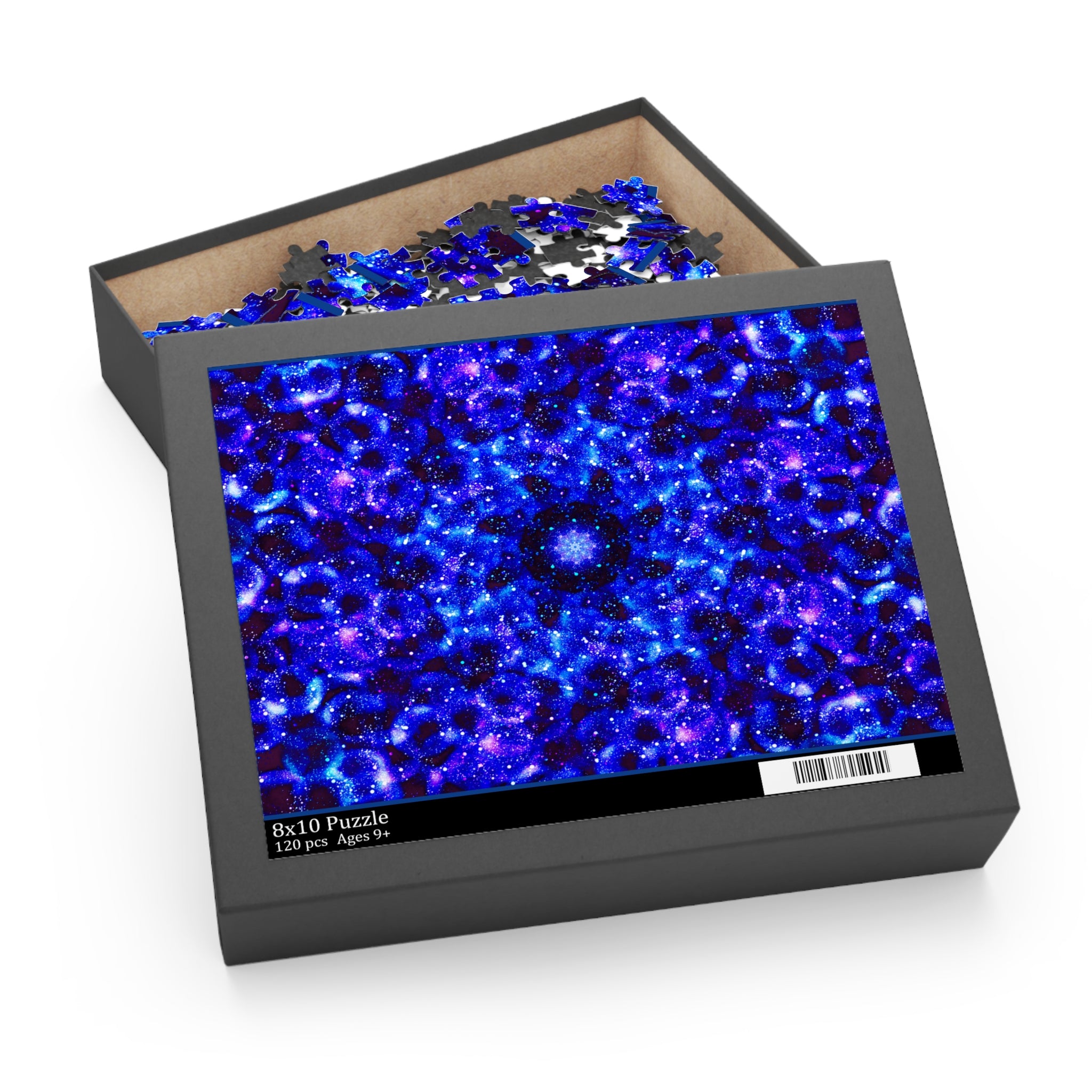 Jigsaw puzzle in a box with a blue galaxy design on the cover