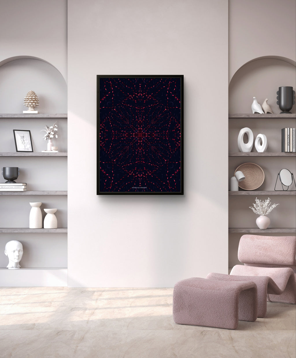 Framed abstract art piece on a wall in a modern interior setting with shelves and a chair.