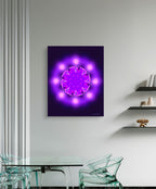 Neon light fixture on a wall above a glass dining table