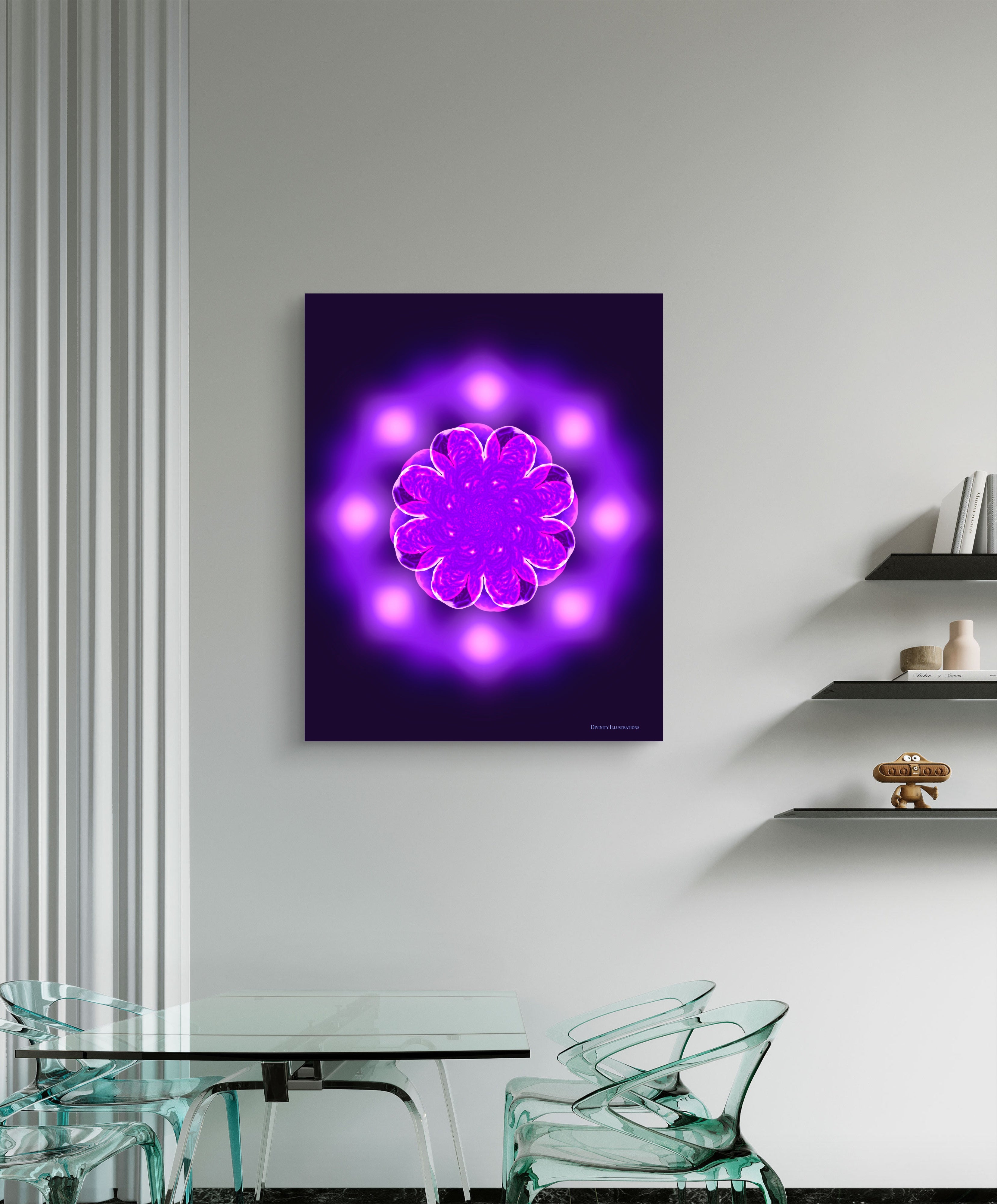 Neon light fixture on a wall above a glass dining table