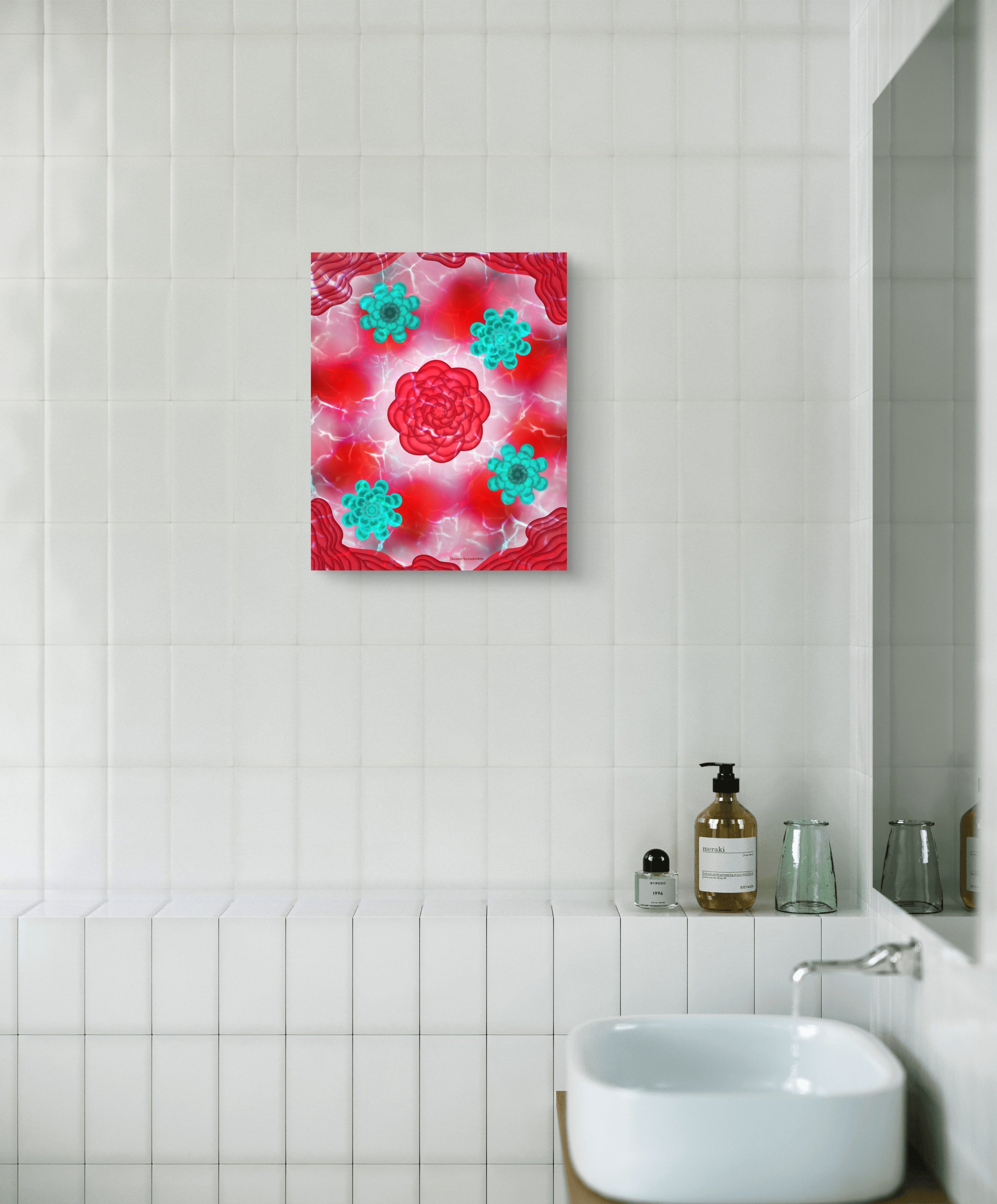 red and teal floral art print displaued in a luxury bathroom