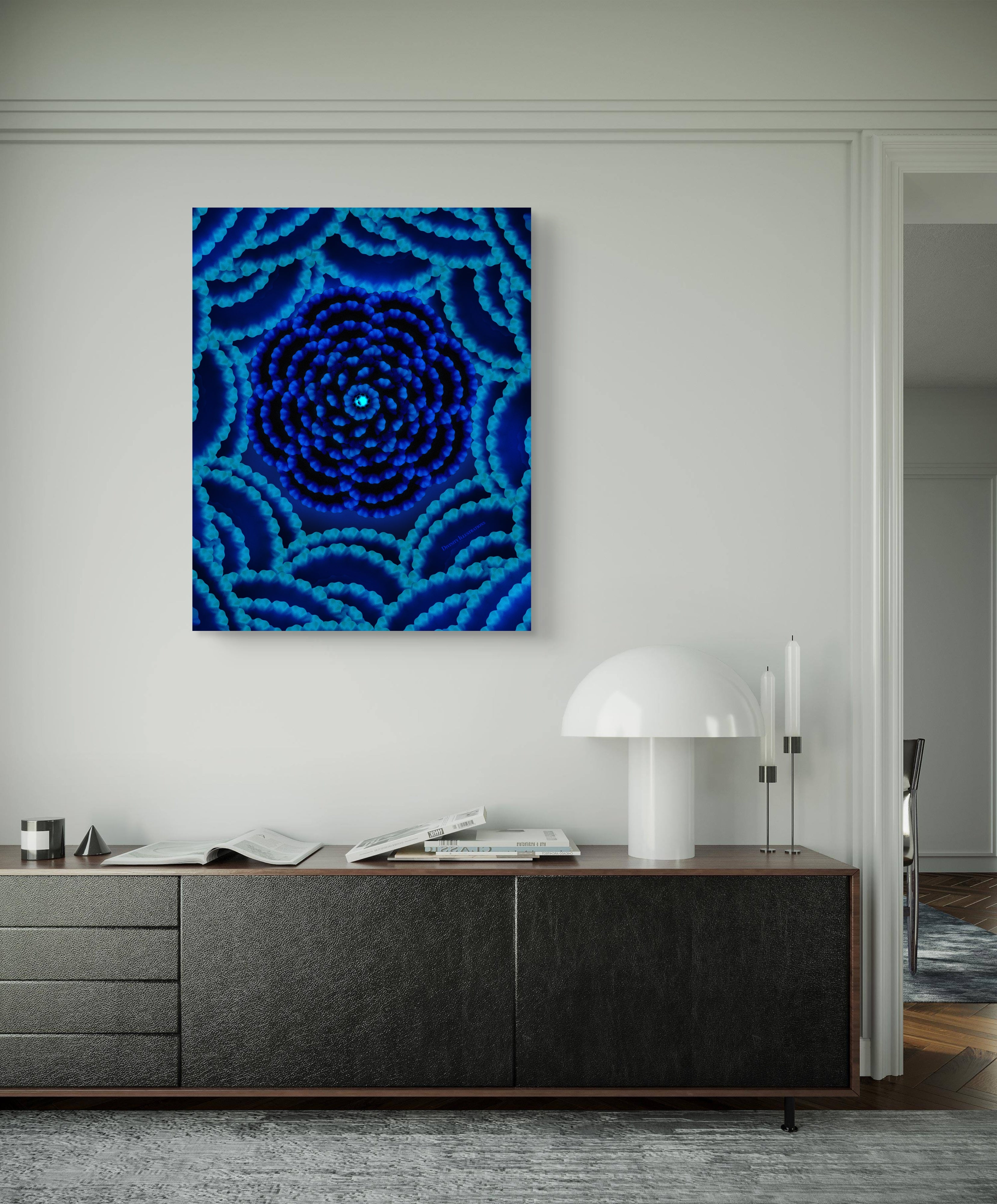 Blue abstract spiral artwork on a white wall above a dark wooden cabinet.