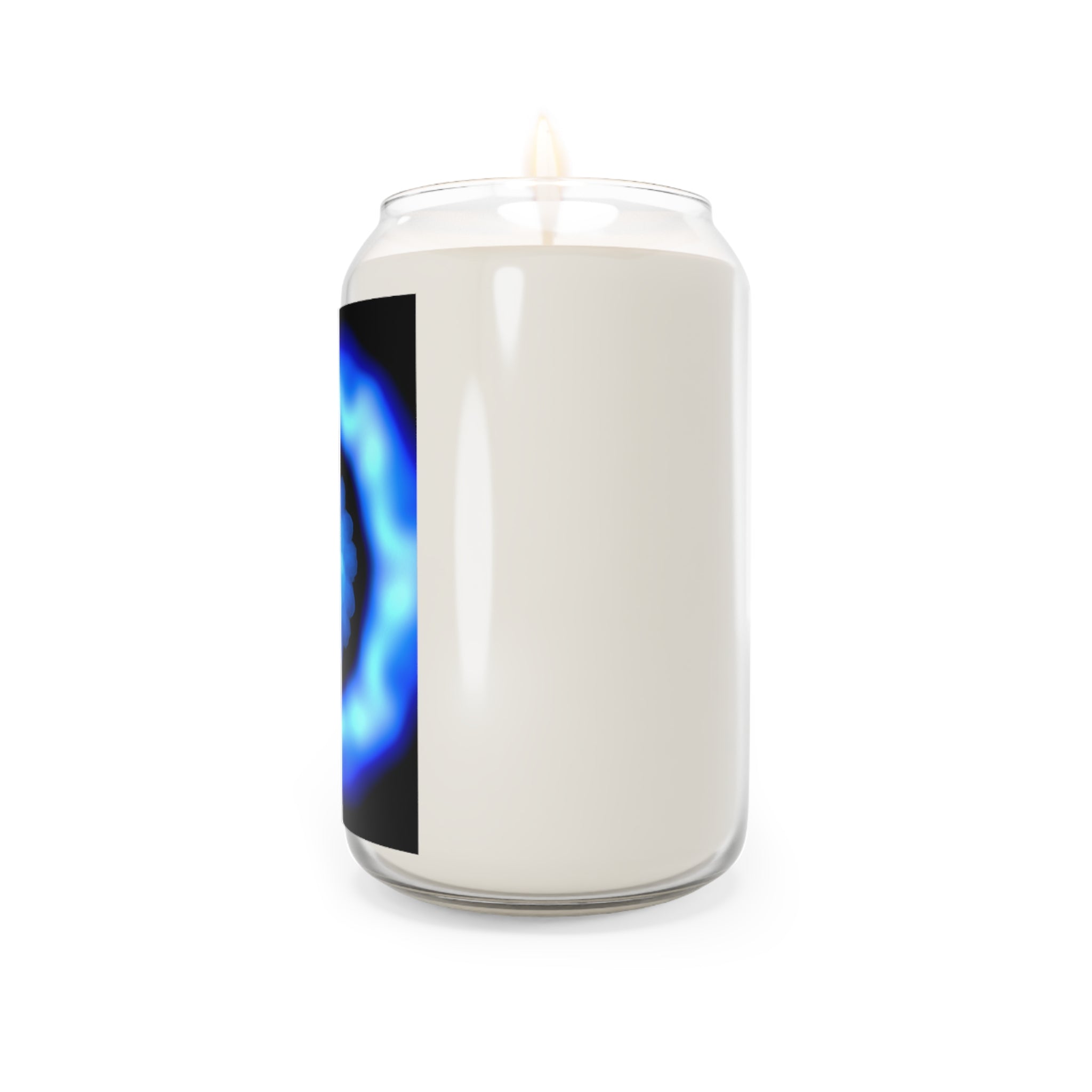 White candle with a black and blue design on a white background