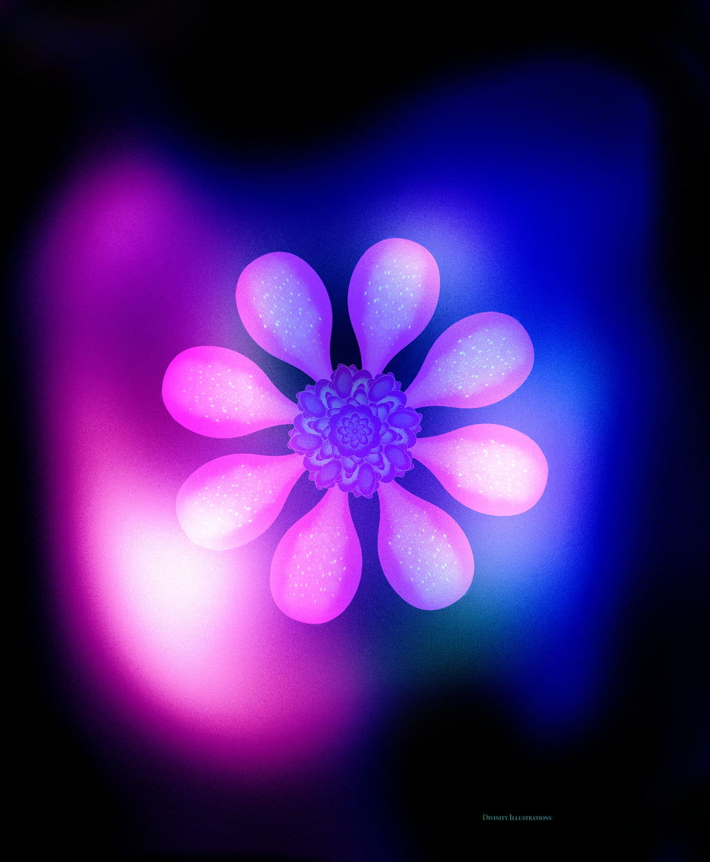 Futuristic flower design with pink and purple petals on a dark background