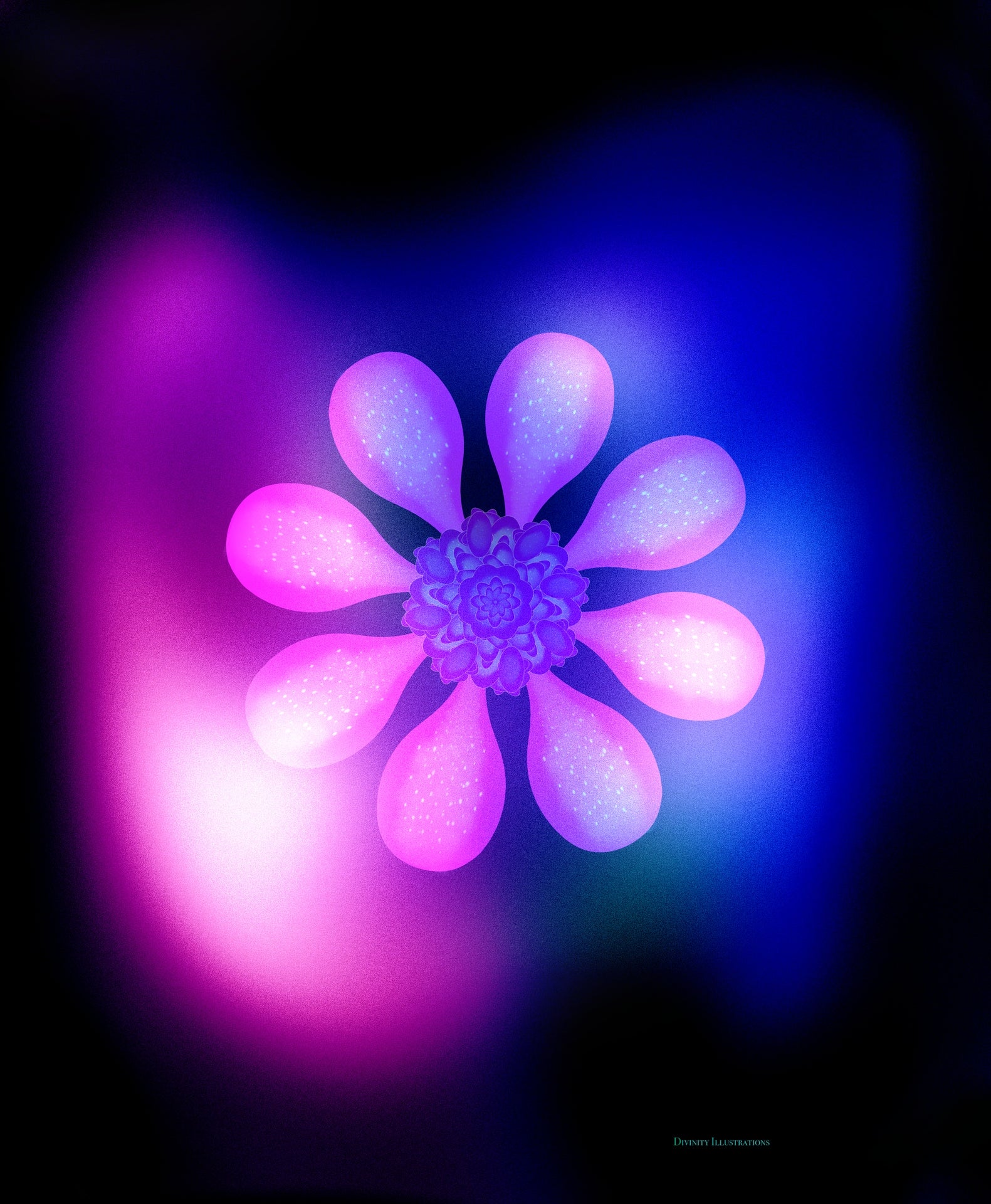 Futuristic flower design with pink and purple petals on a dark background