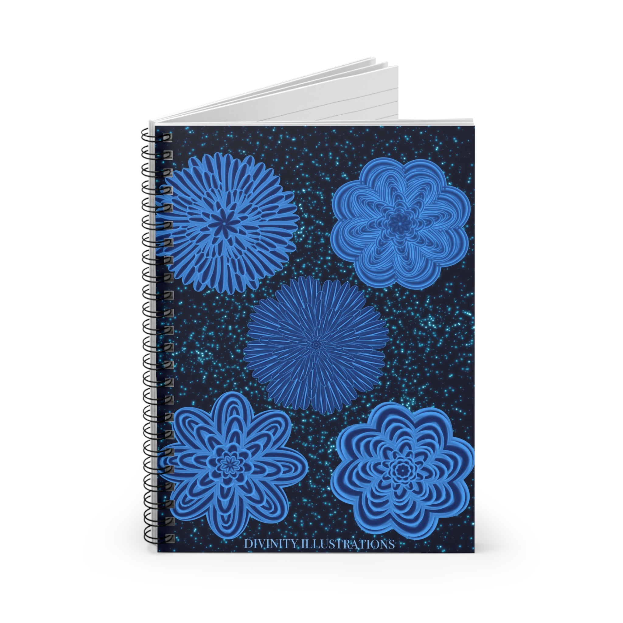 Notebook with blue floral designs on a dark background, featuring the brand 'Divinity Illustrations'.