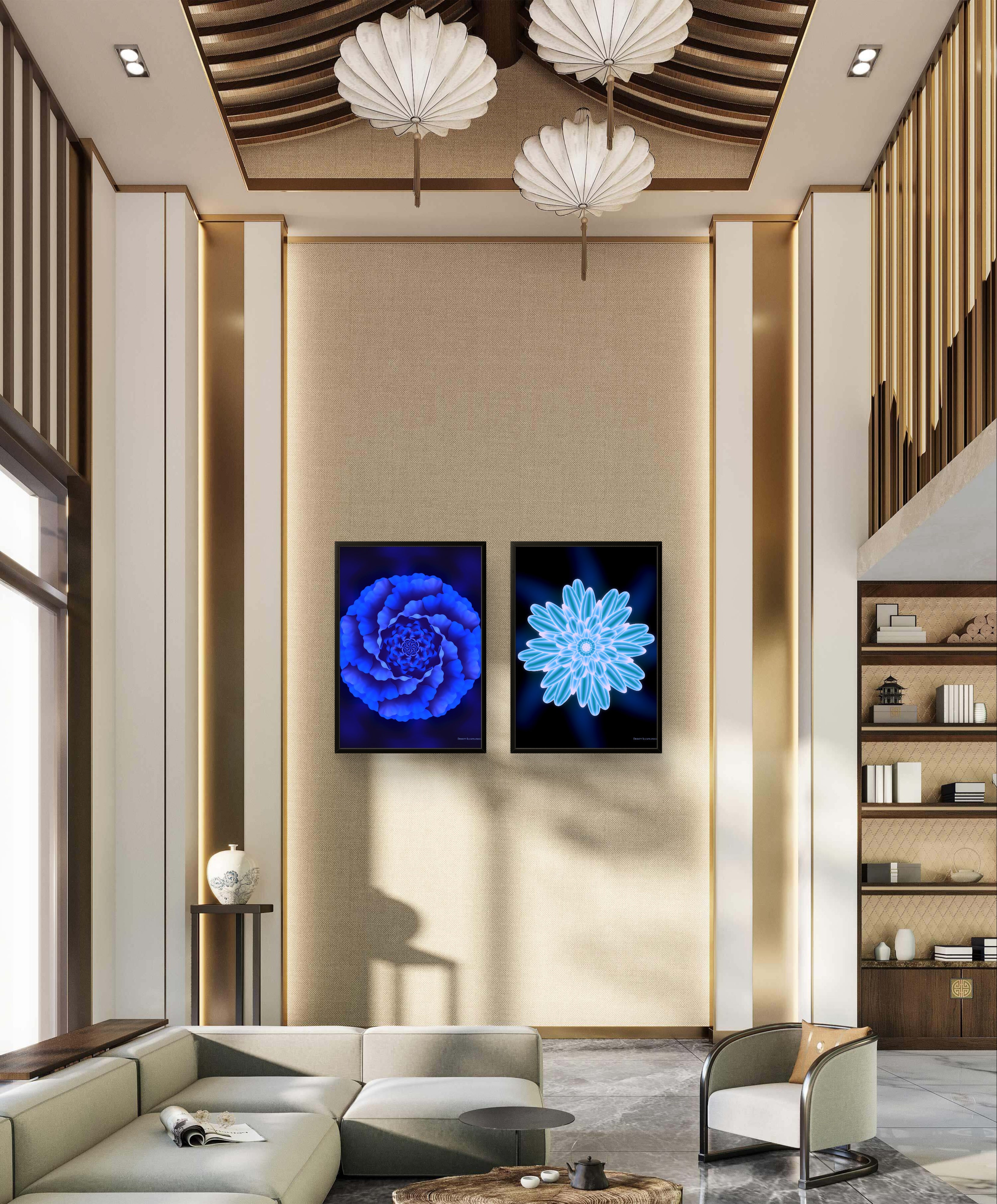 Modern living room with decorative wall art and a stylish ceiling design.