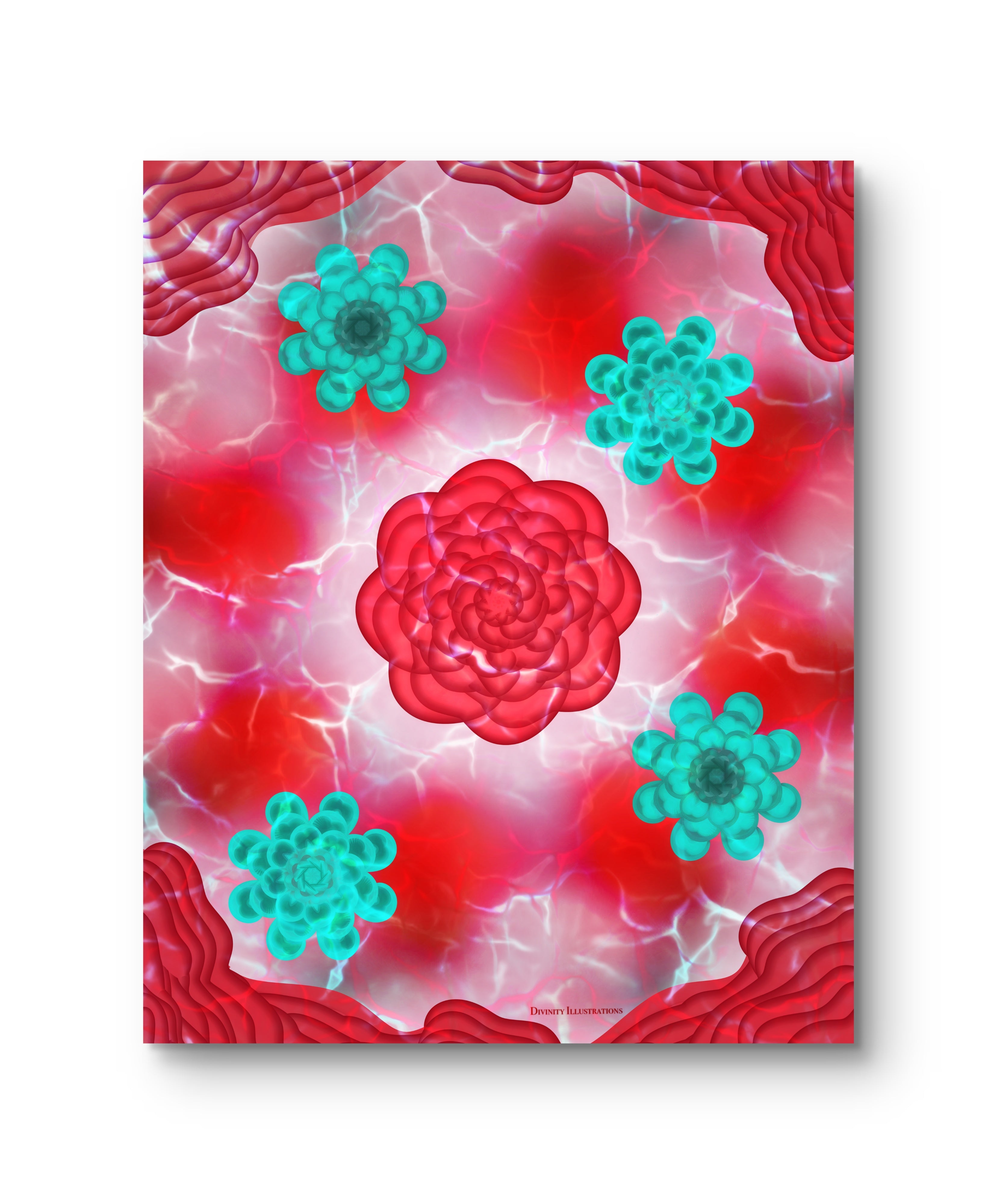 red and teal floral art print displayed as a mockup