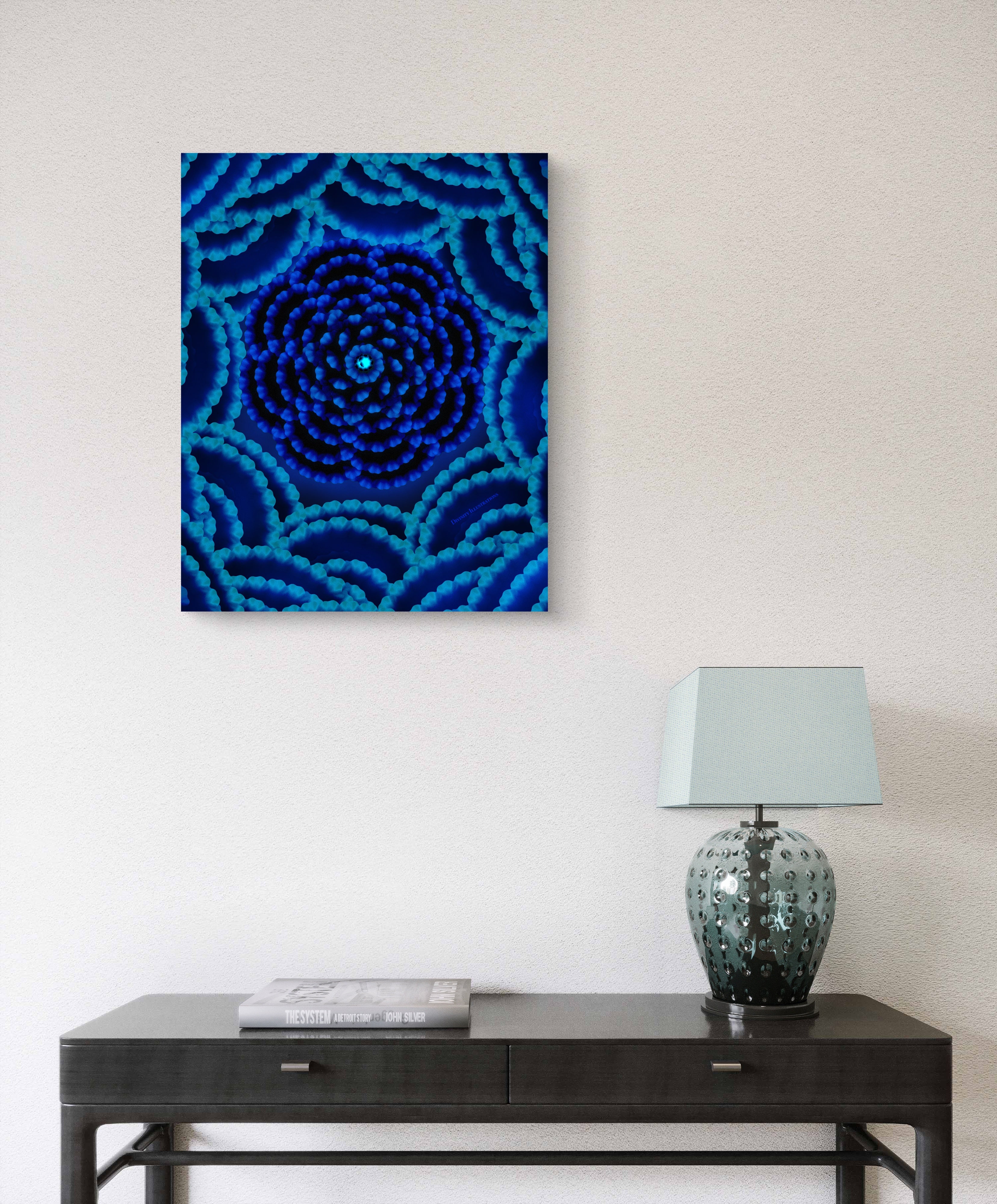 Blue abstract spiral artwork on a white wall above a dark wooden table with a lamp.