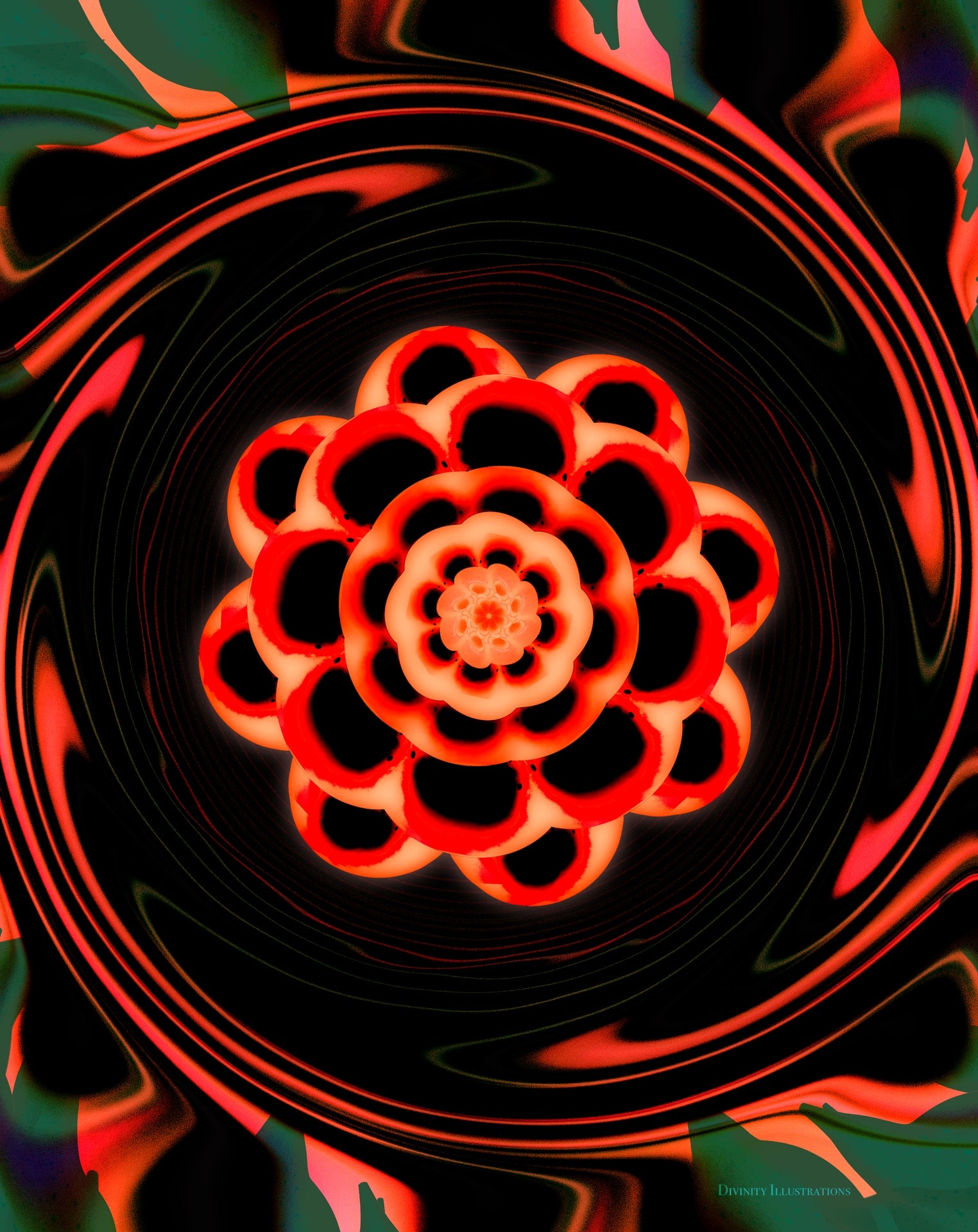 Neon red flower-like pattern on a black background