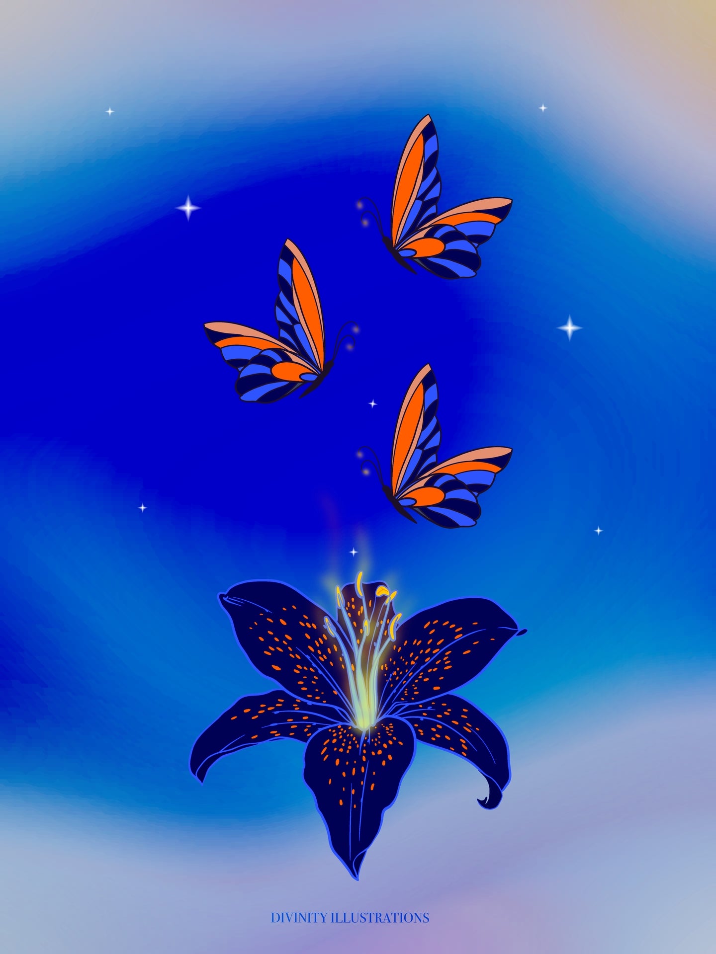 Butterflies and a flower on a blue gradient background with 'Divinity Illustrations' text.