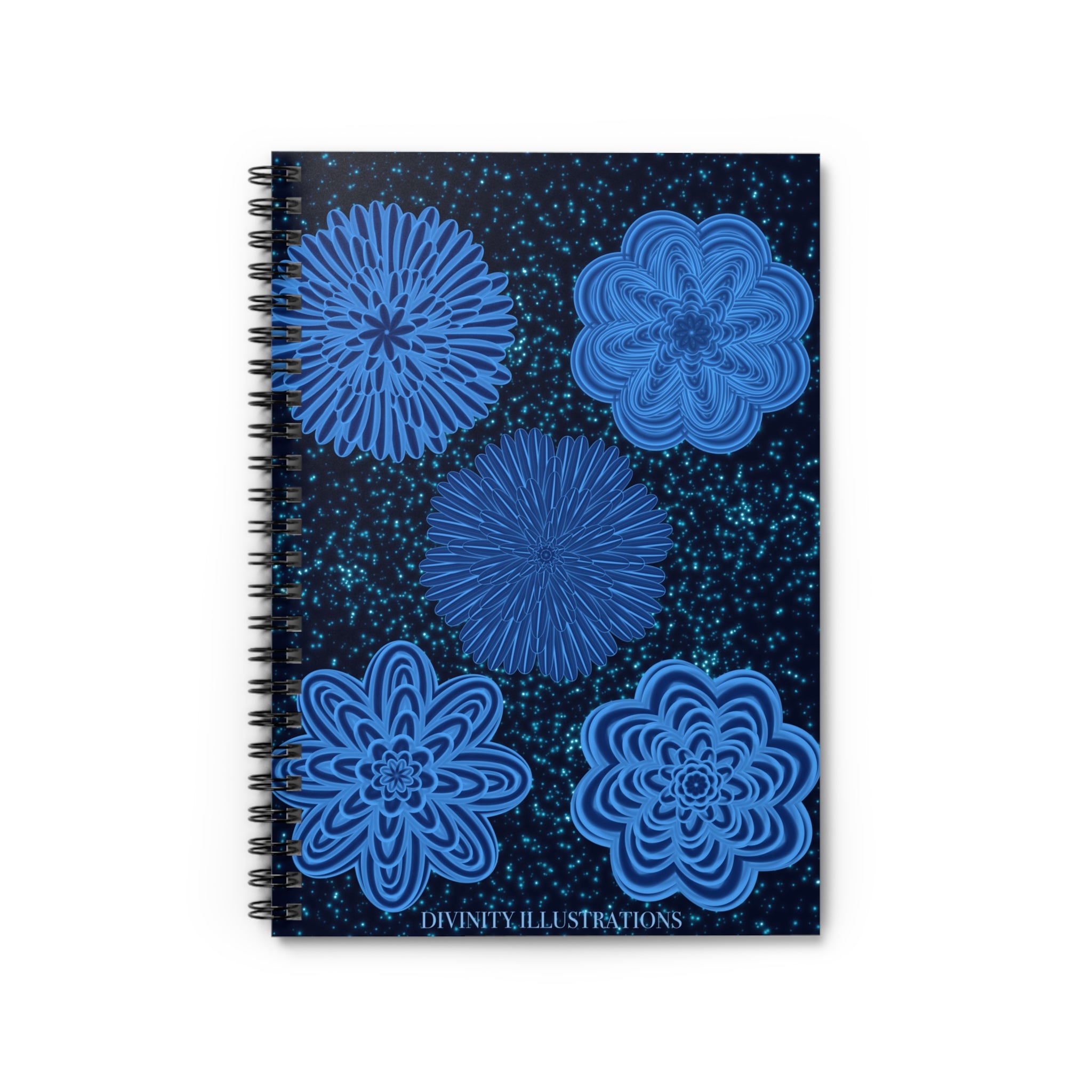 Celestial Bloom Journal cover with glowing blue floral mandalas against a starry night background – spiral notebook for journaling and gifts.