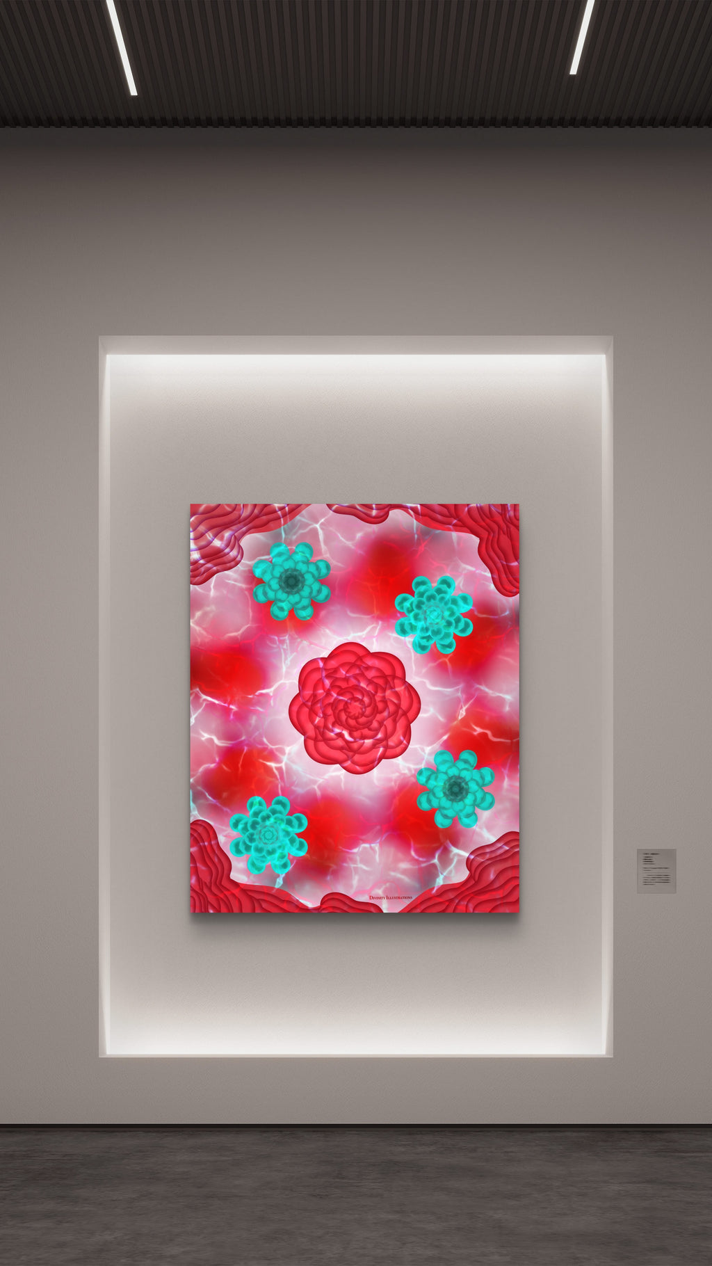 red and teal floral art print displayed on a luxury gallery wall setting