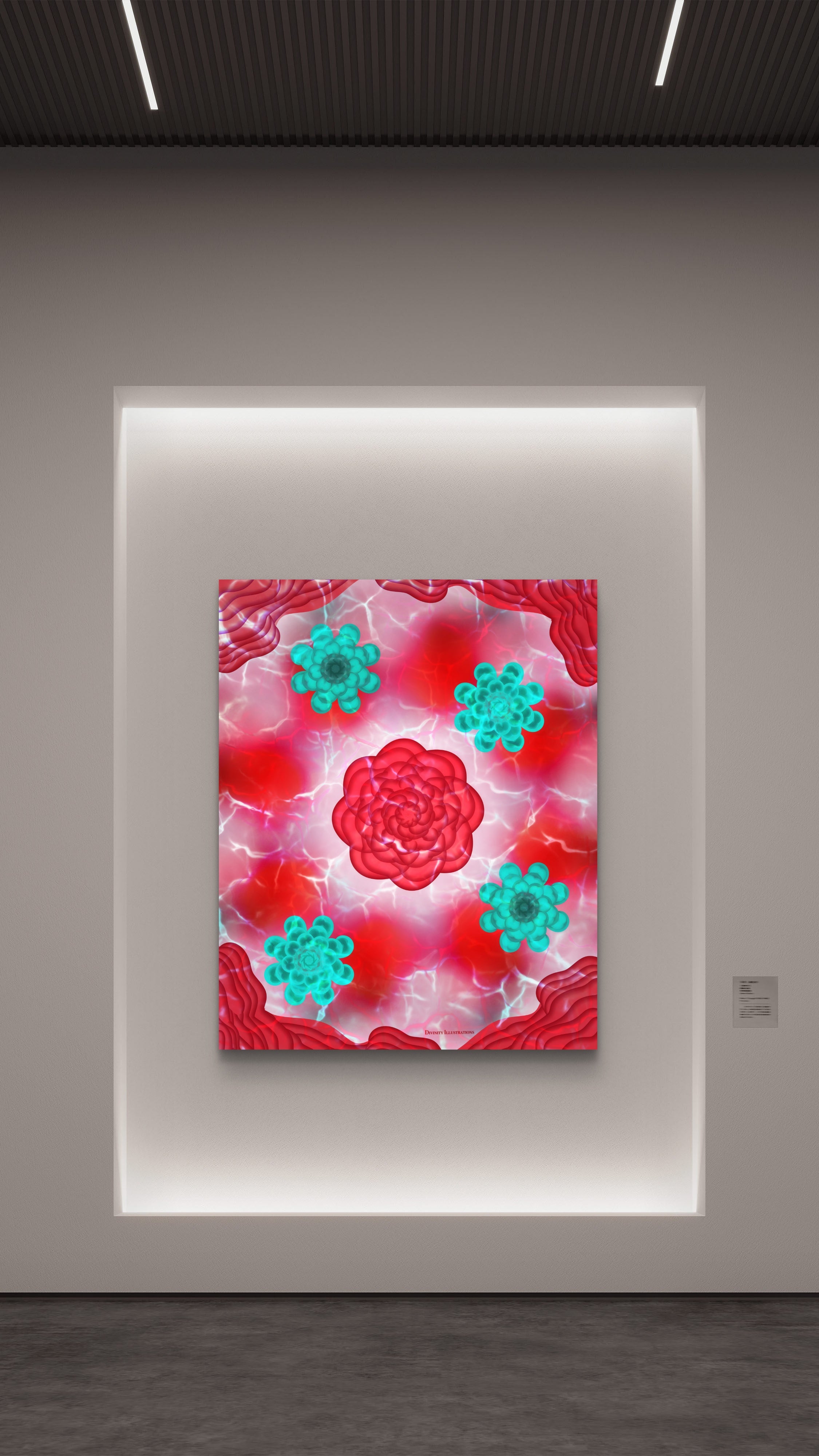 red and teal floral art print displayed on a luxury gallery wall setting