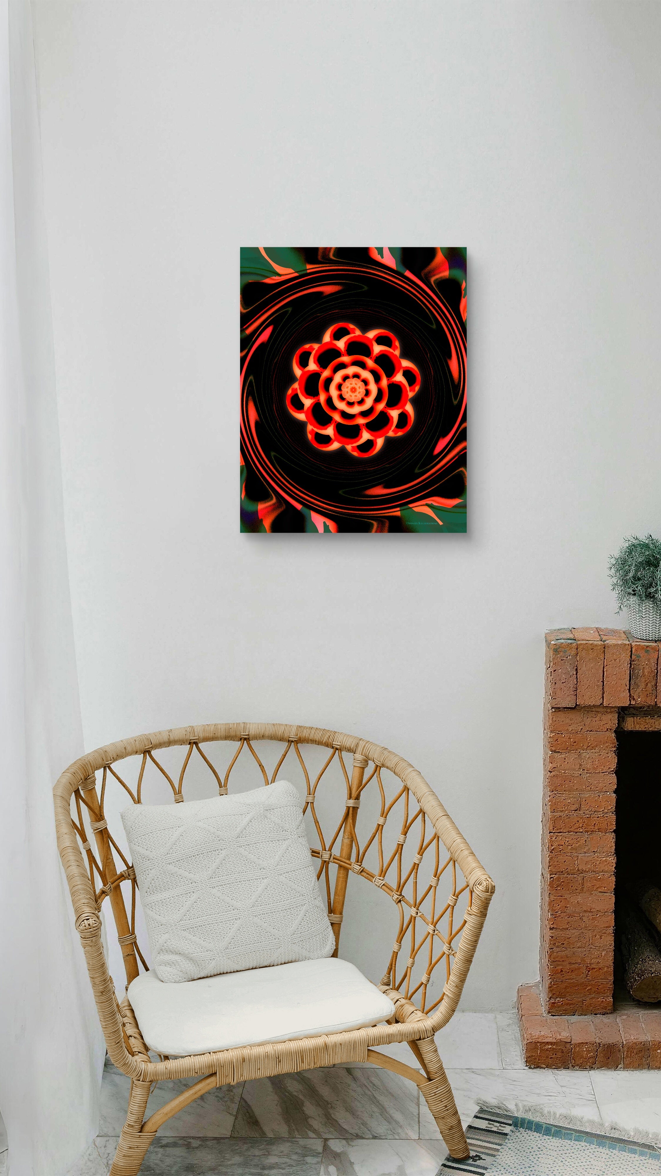 Abstract art piece with a red flower-like design on a black background, displayed on a white wall above a wicker chair.