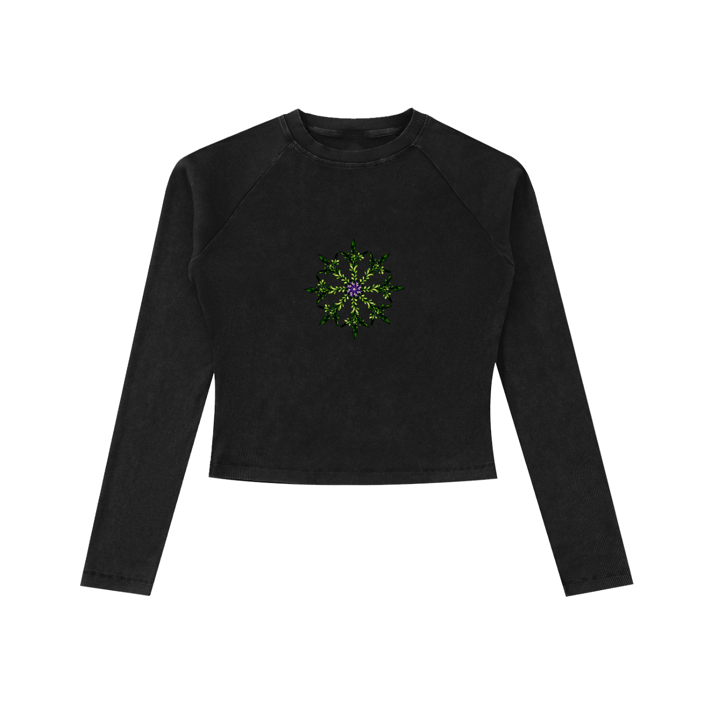 Black long-sleeve crop top with a floral design on a white background