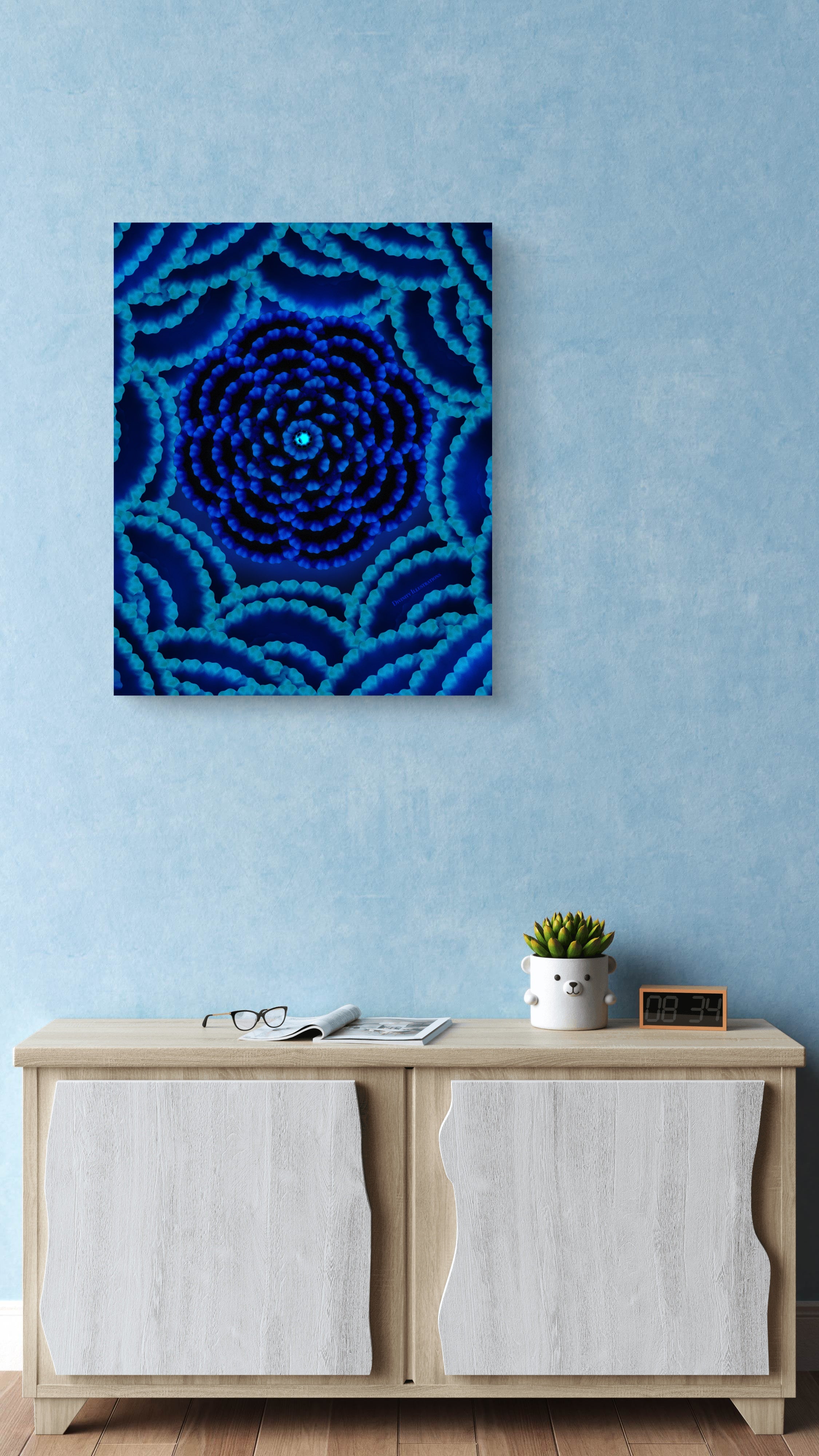 Blue abstract artwork on a wall above a wooden cabinet with decor items.