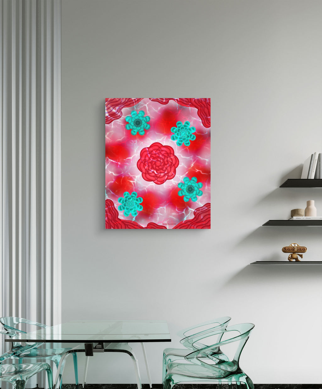 red and teal floral art print displayed in a luxury dining room setting