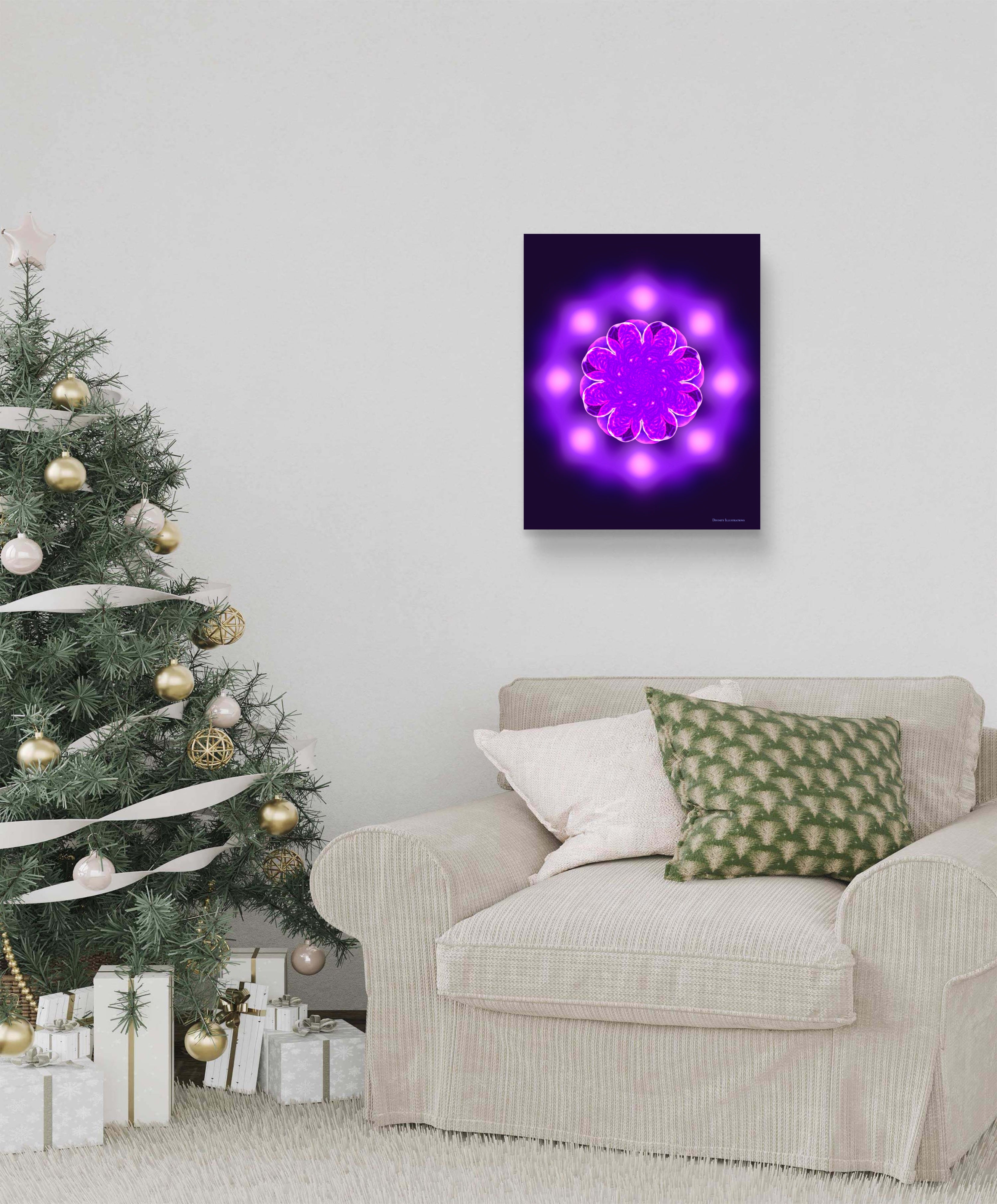 Living room with a decorated Christmas tree and a wall art piece featuring a purple light design.