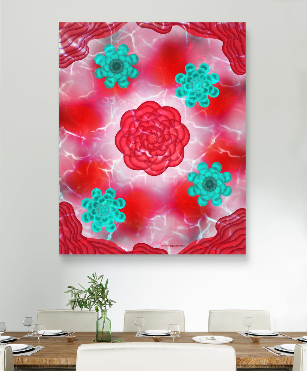 red and teal floral art print displayed in a luxury living room setting