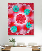 red and teal floral art print displayed in a luxury living room setting