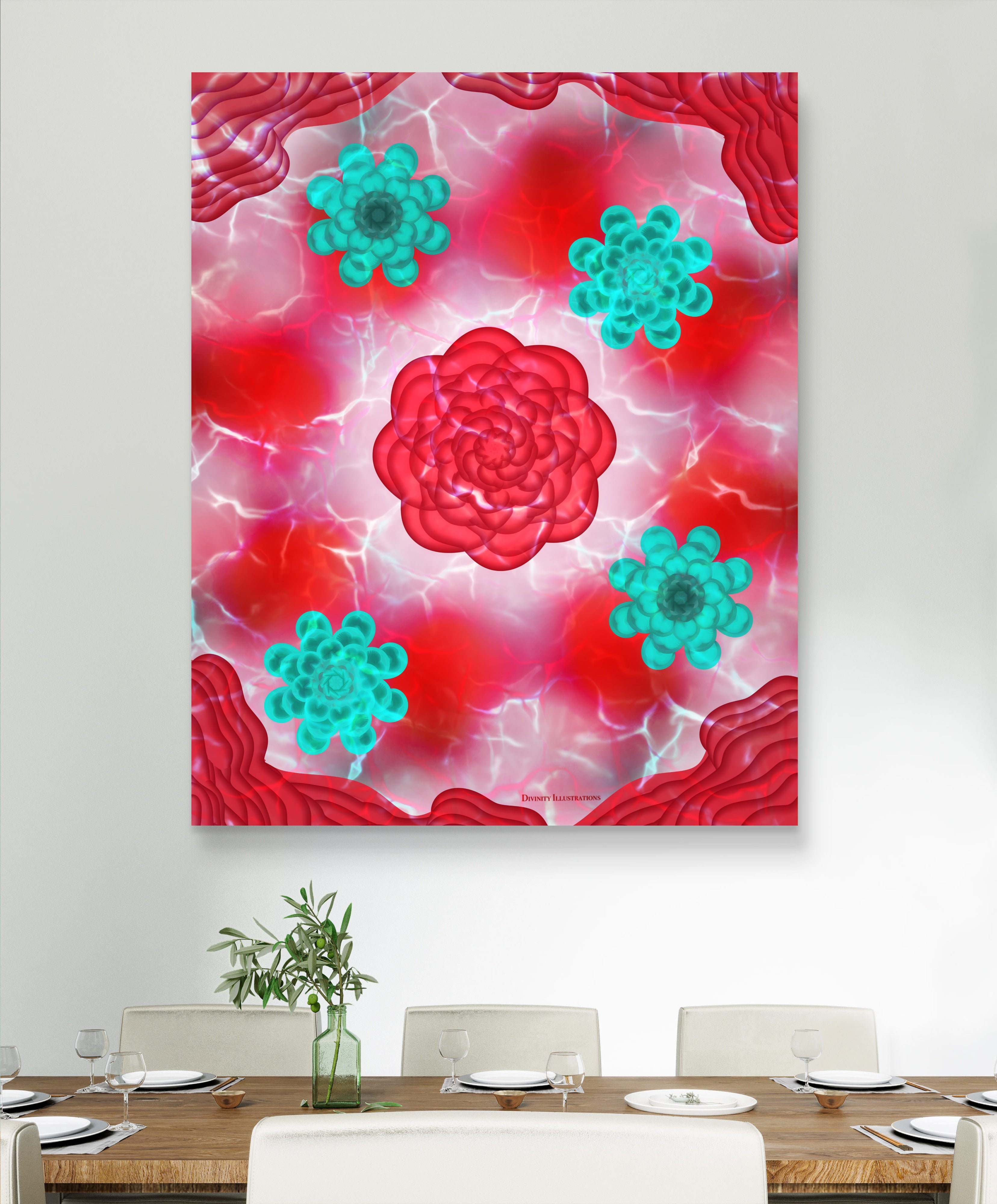 red and teal floral art print displayed in a luxury living room setting