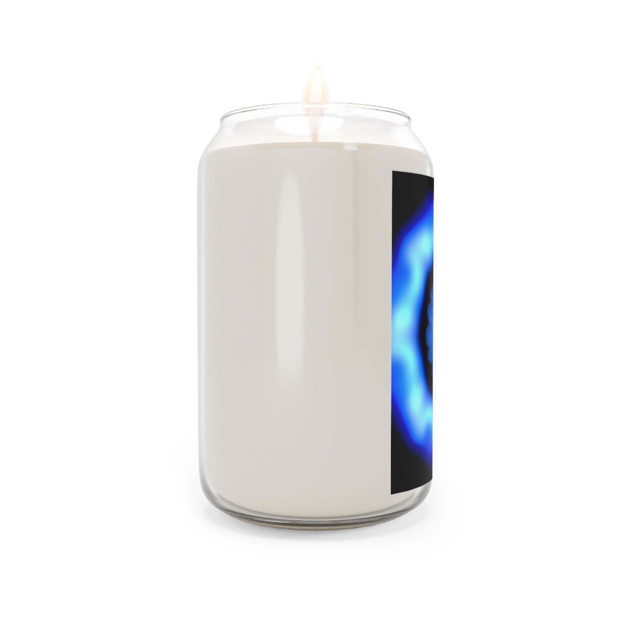 White candle with a digital display showing blue and black design on a white background