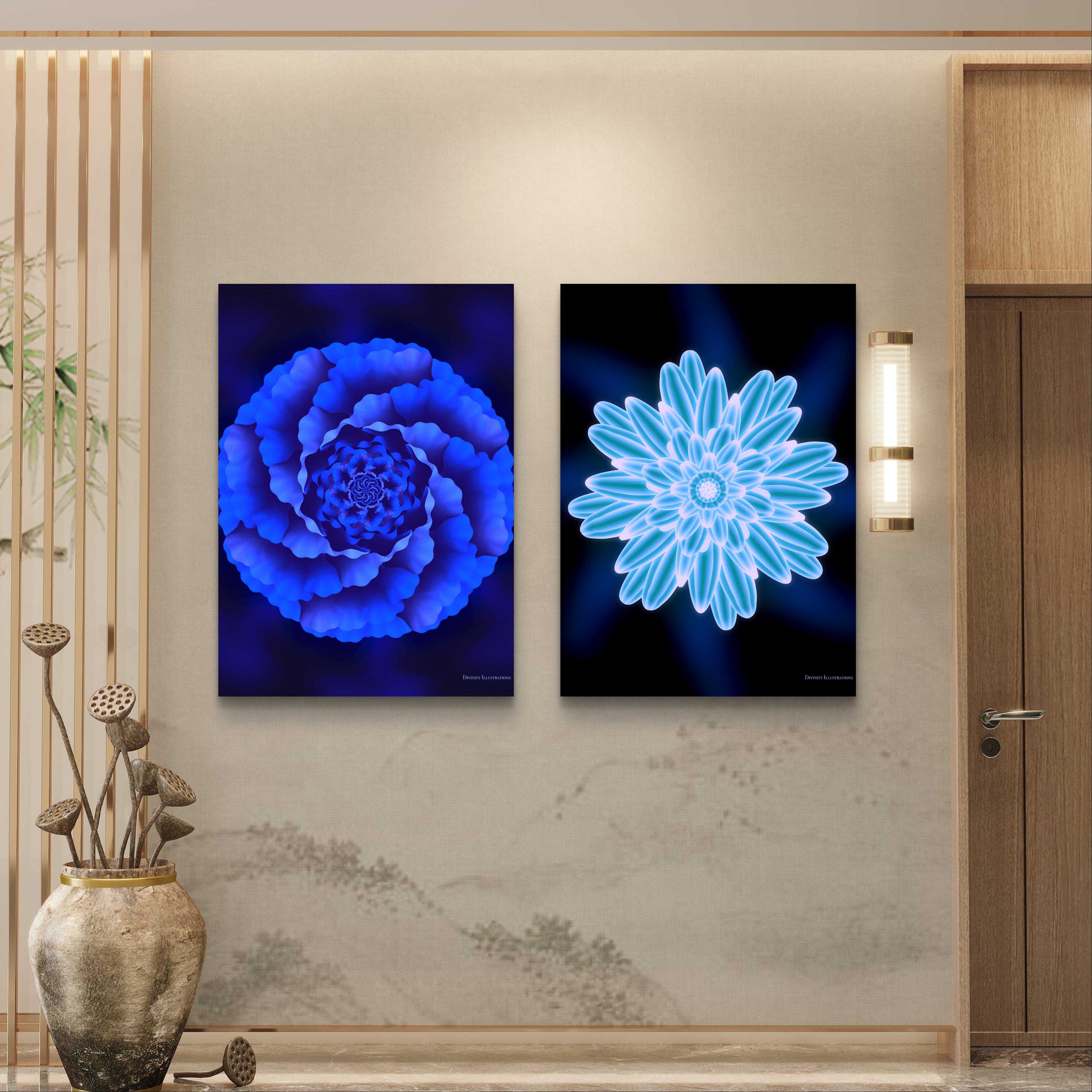 fine art print of Two abstract blue flower artworks on a wall with a vase and decorative elements.