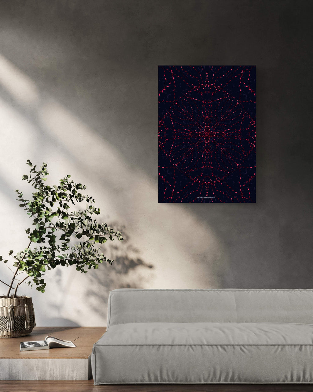 Abstract art piece on a wall in a living room with a plant and sofa.