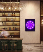 Purple abstract wall art in a bar setting with shelves and bottles.