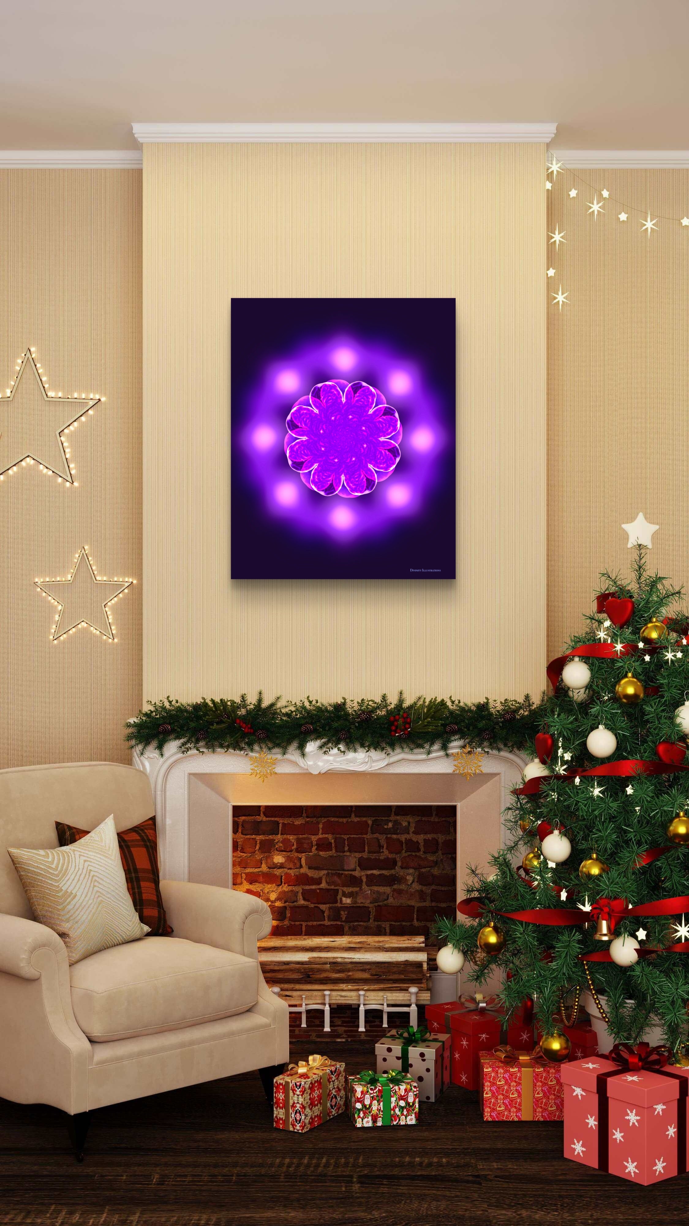 purple abstract wall art in a christmas setting