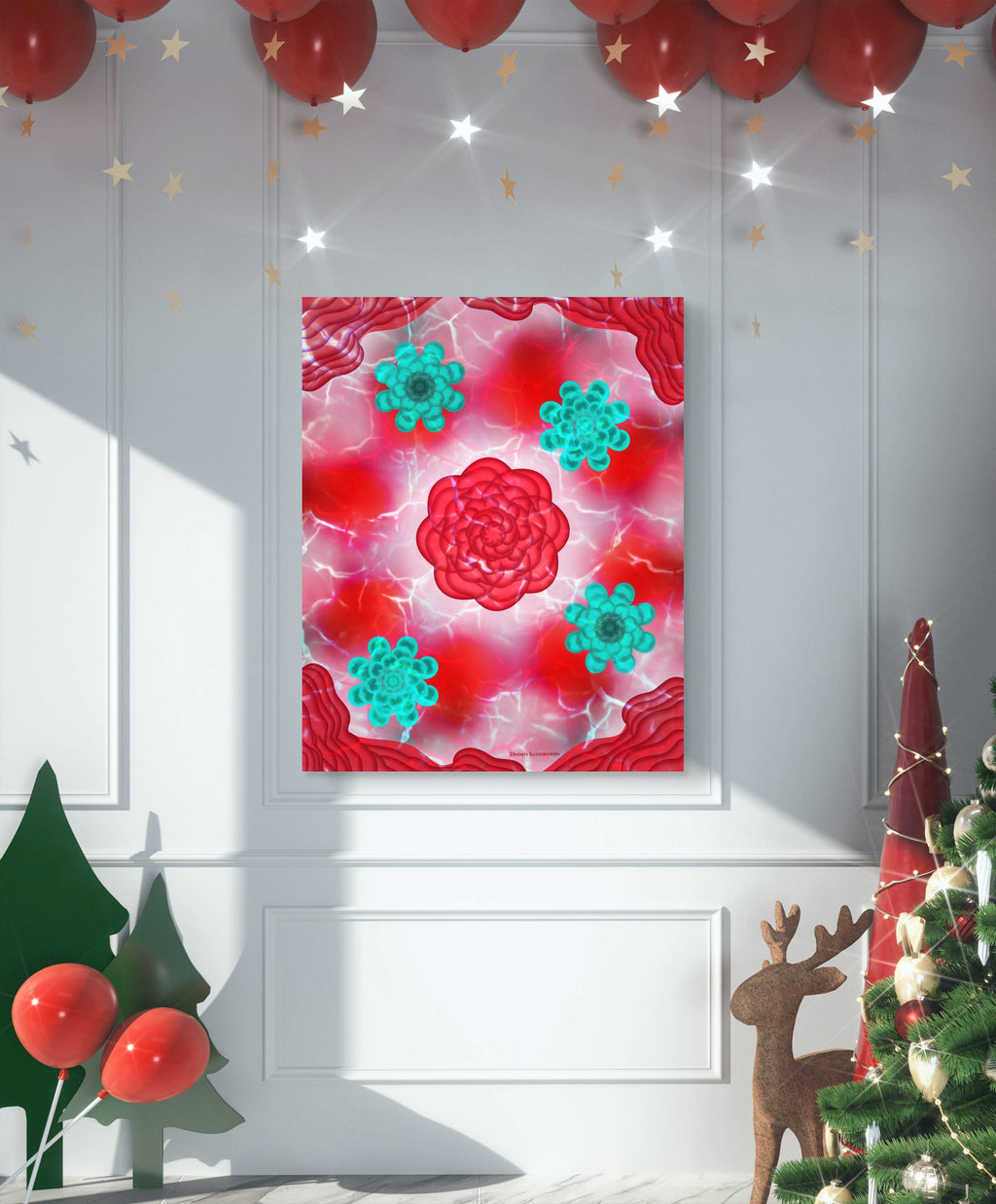 red and teal floral art print displayed on a wall in christmas setting living room