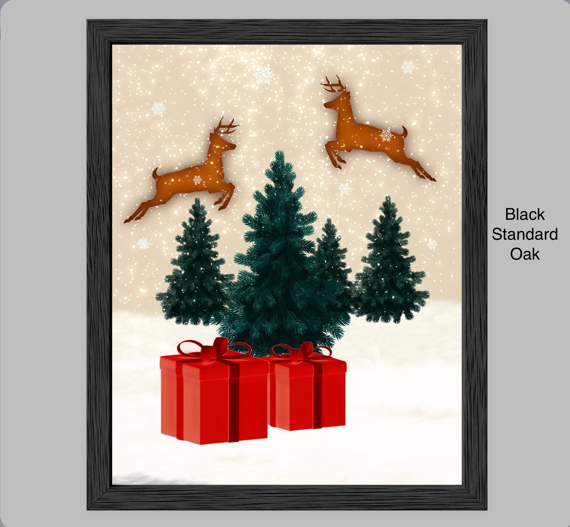 Framed artwork with reindeer, trees, and red presents on a snowy background.