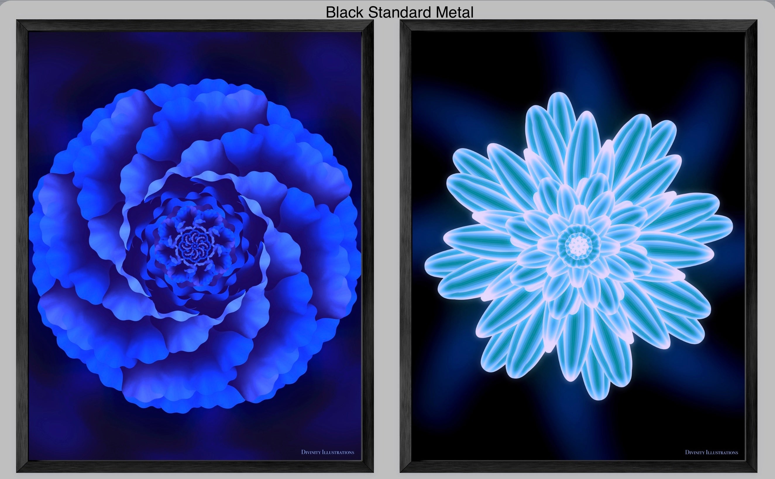 wall art set of Two abstract floral designs in blue and green on a dark background featuring a black standard metal frame