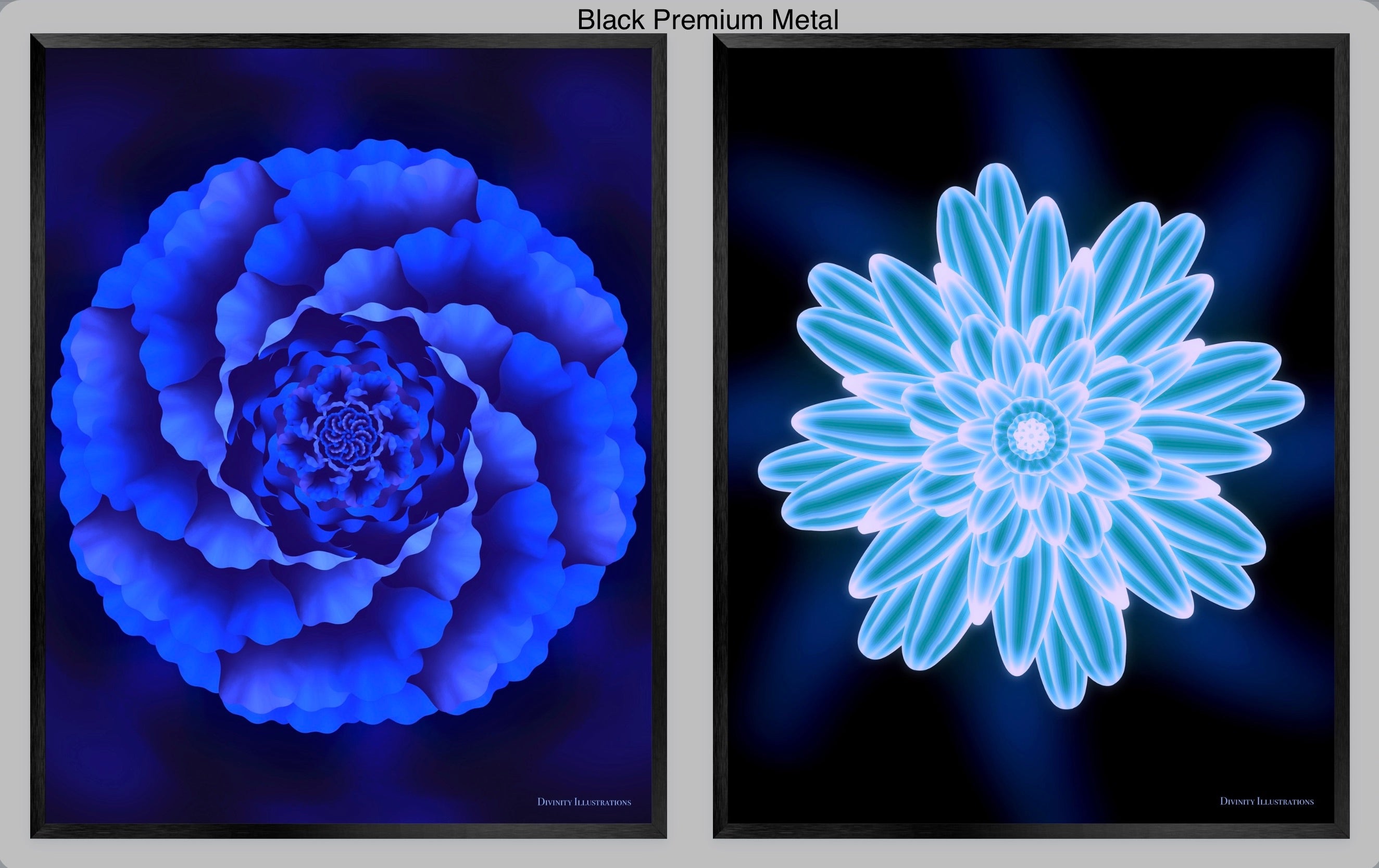 wall art set of abstract floral designs in blue and purple on a black background featurning black premium metal frame