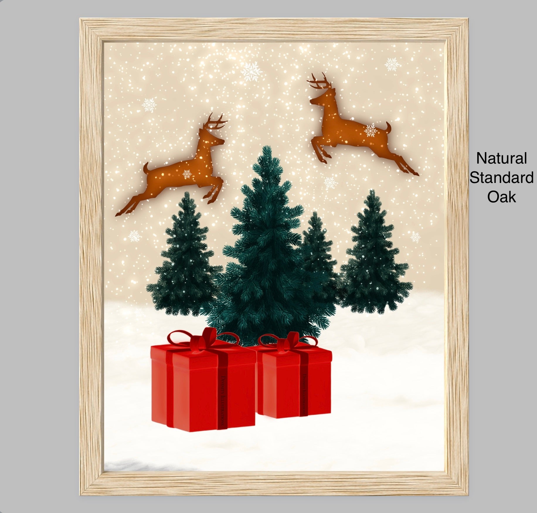 Framed artwork of deer, trees, and red presents on a snowy background.