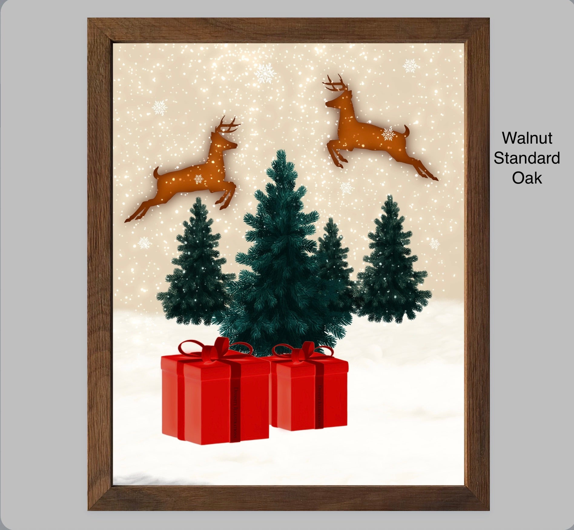 Framed artwork of deer, trees, and red gifts on a snowy background