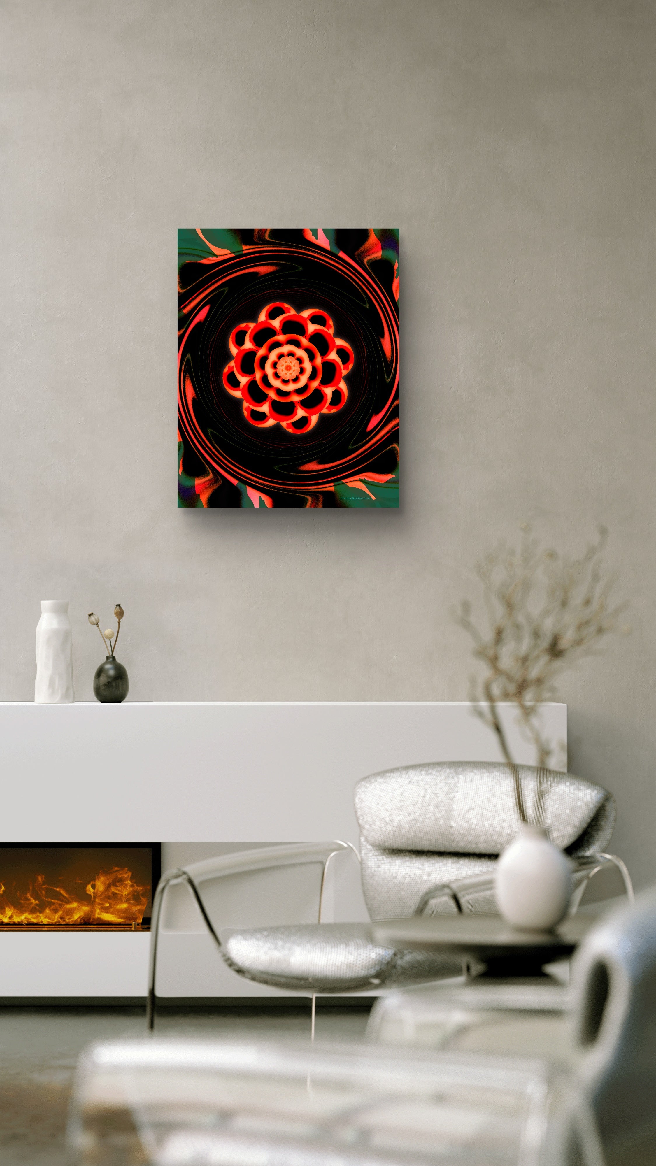 Abstract red and green circular design on a black background, hanging above a modern living room.