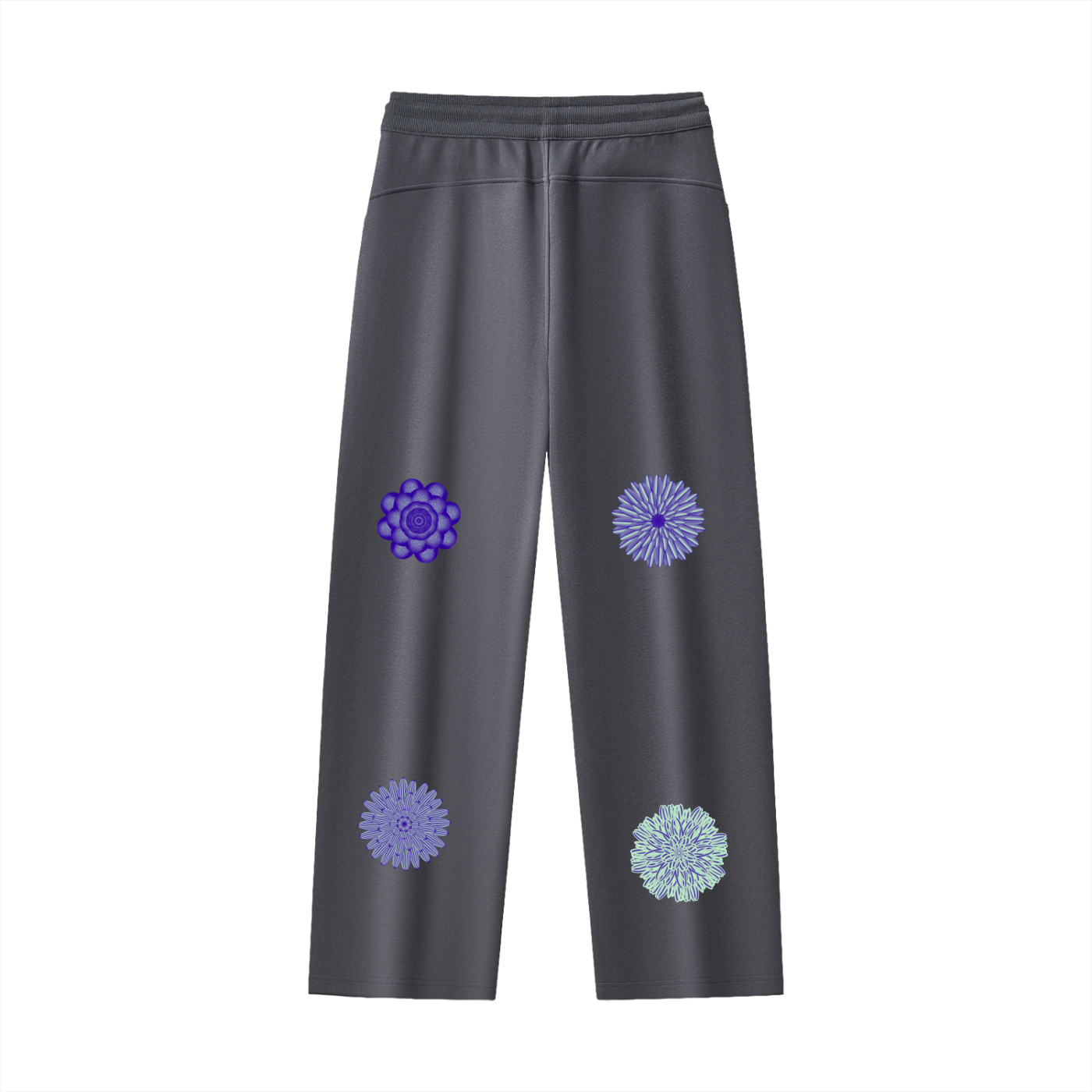 Dark gray pants with floral patterns on a white background