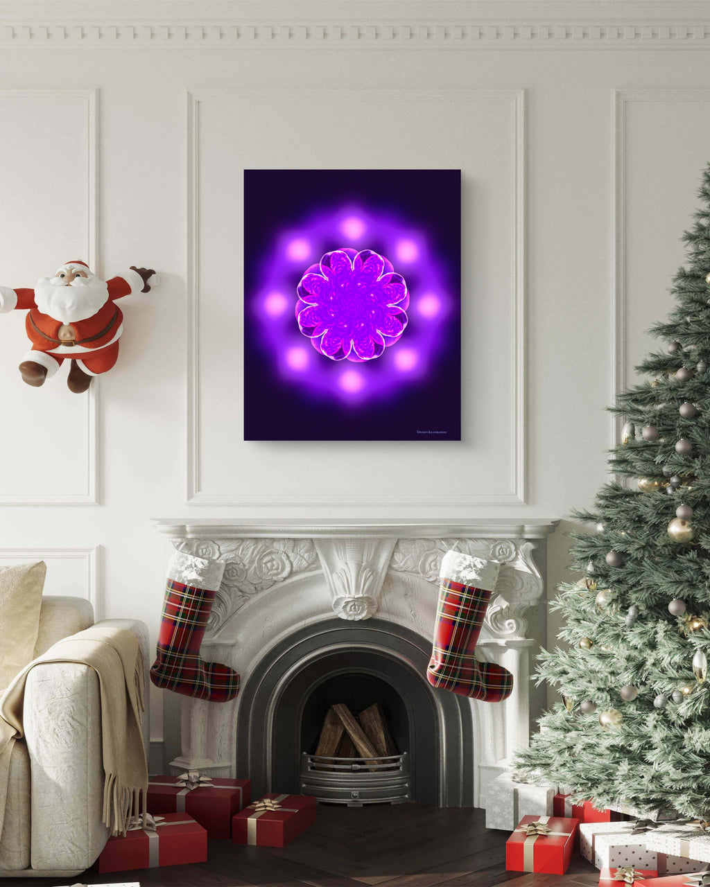 abstract purple floral artwork displayed above the fireplace in a christmas setting