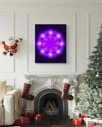 abstract purple floral artwork displayed above the fireplace in a christmas setting