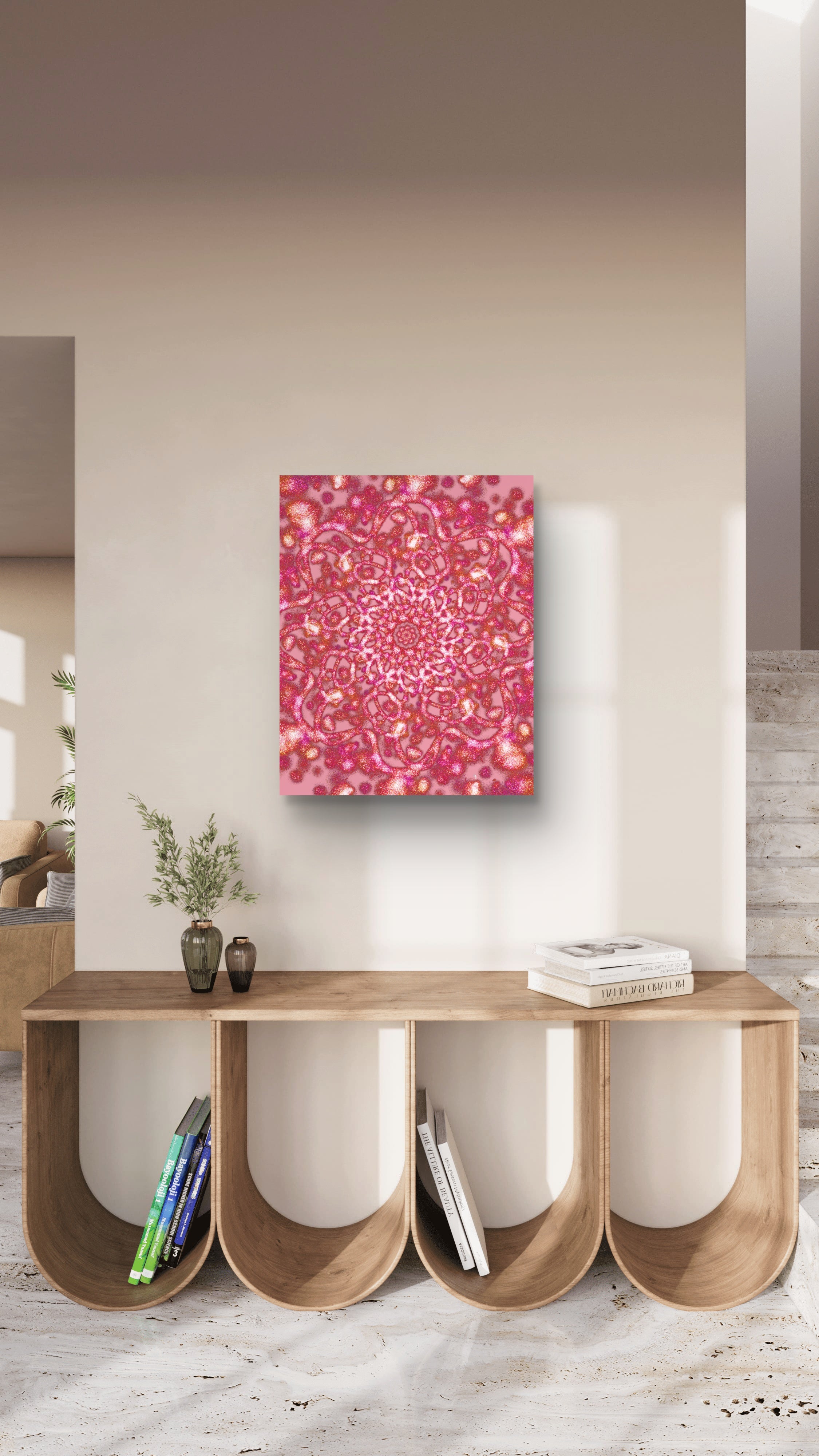 Modern interior with a wooden console table and abstract pink artwork on the wall.