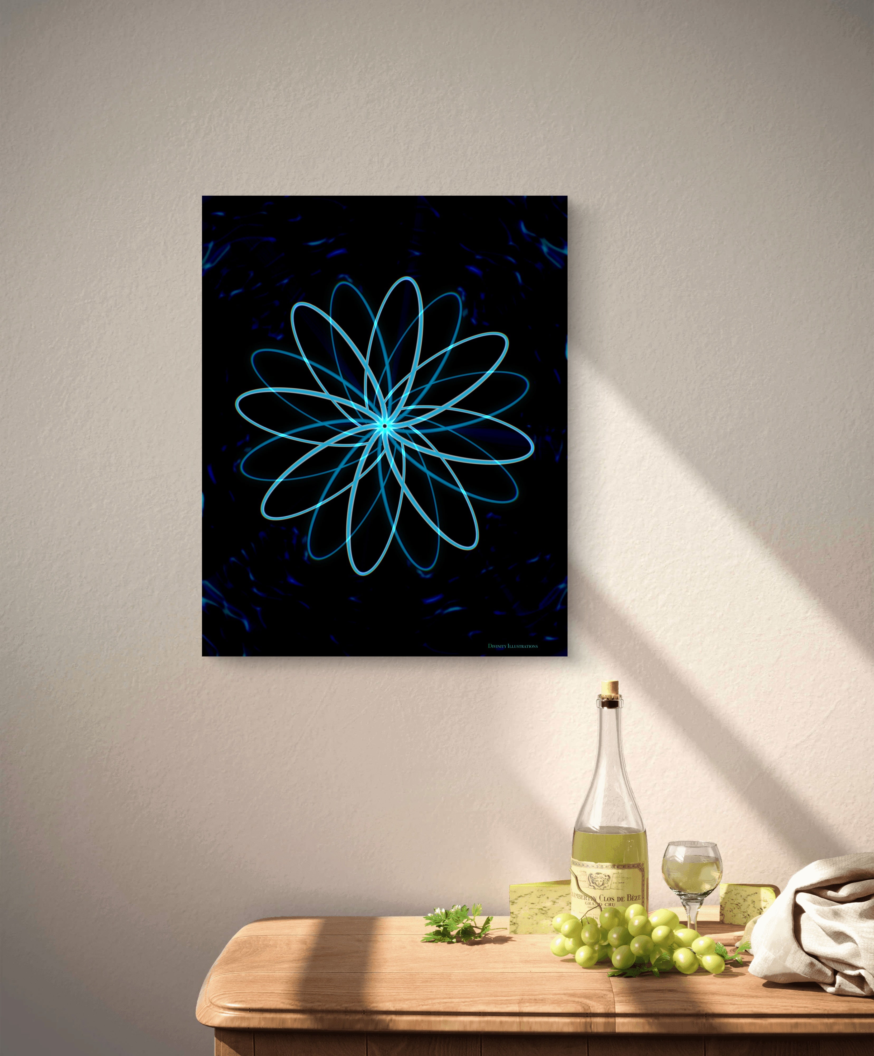 The Transcendence Bloom – Abstract Blue Light Floral Art on Archival Hahnemühle German Etching (Unframed)