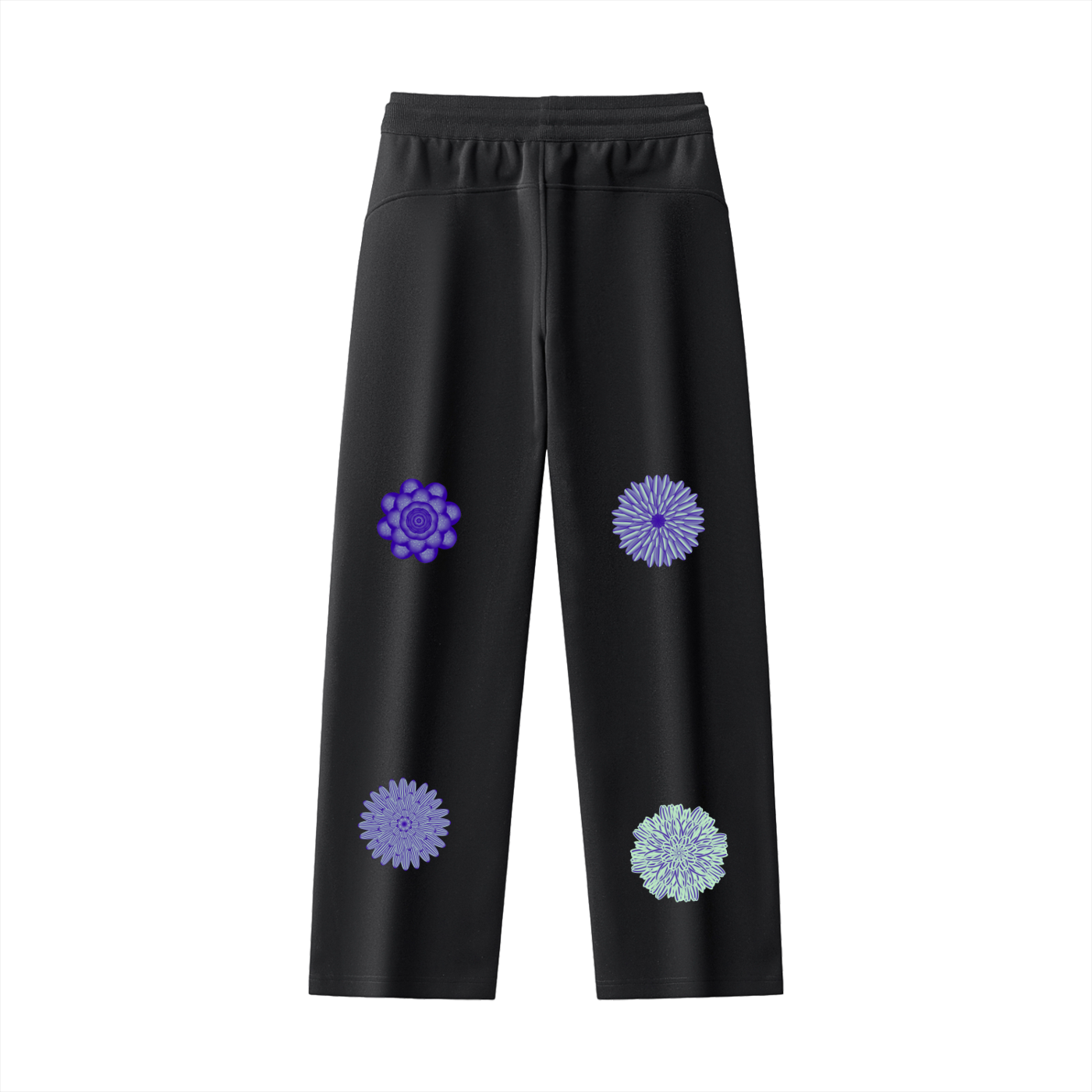 Black pants with purple and blue floral patterns on a white background