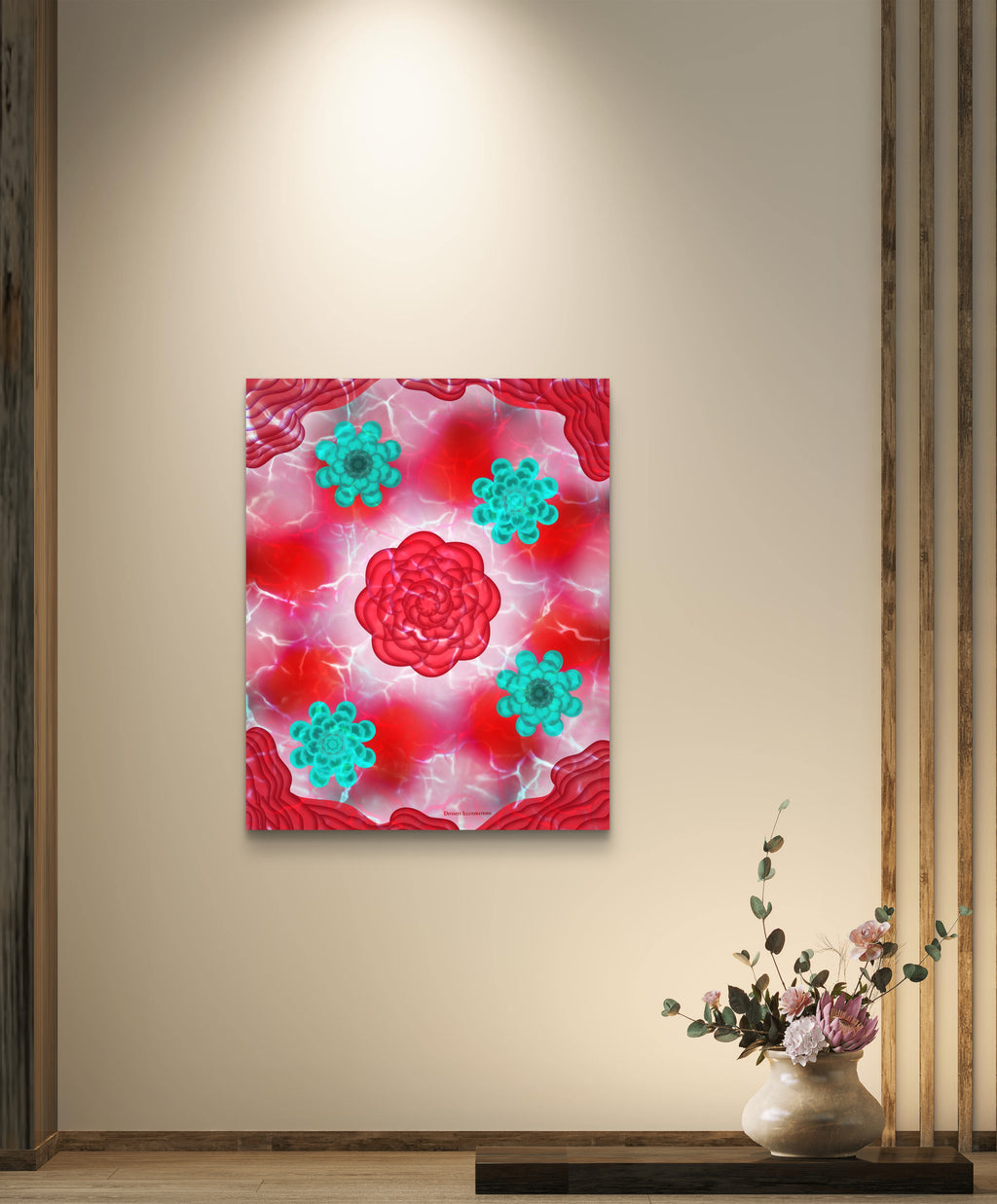 red and teal floral art print displayed on a luxury wall with flowers in a vase below