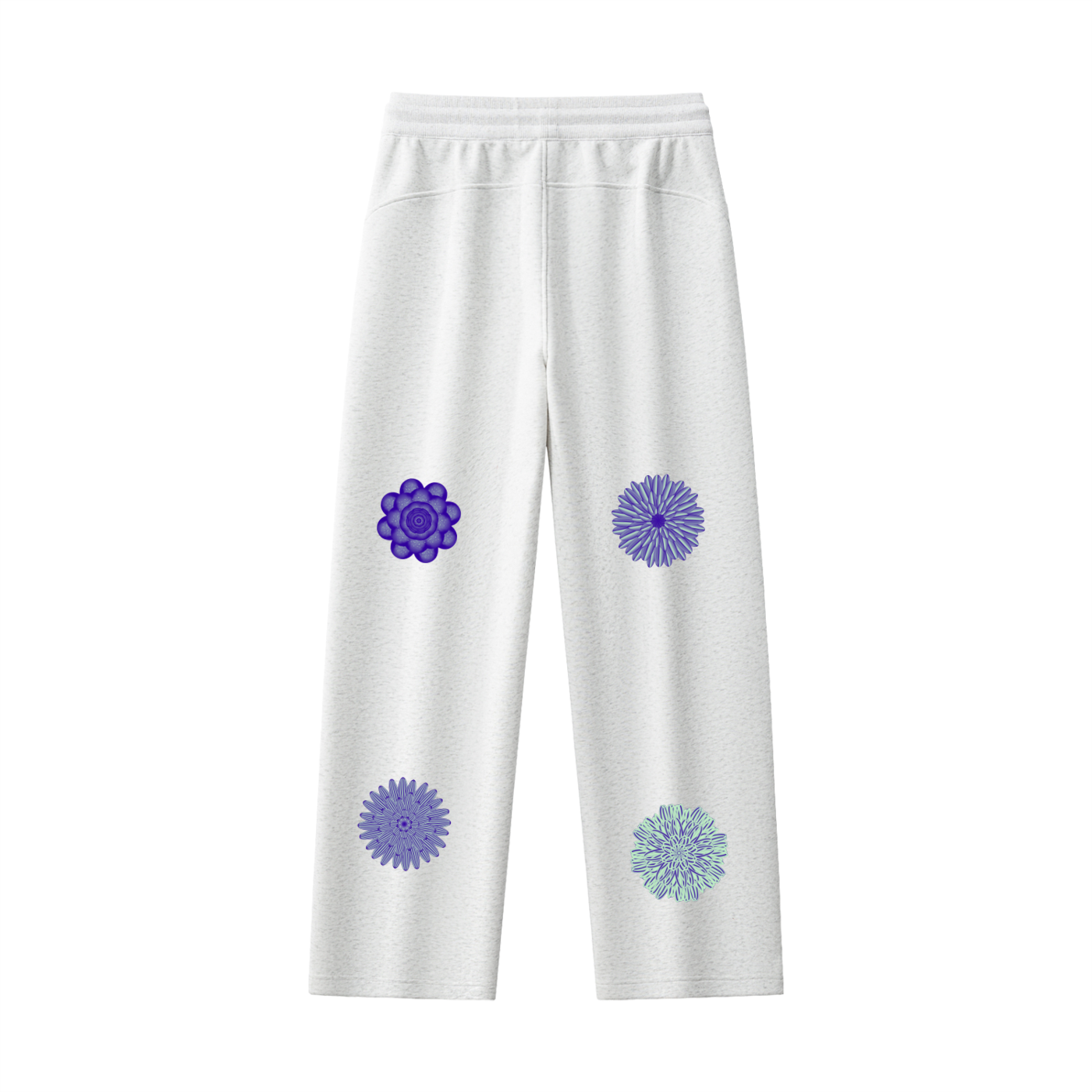 White sweatpants with purple and blue floral patterns on a white background