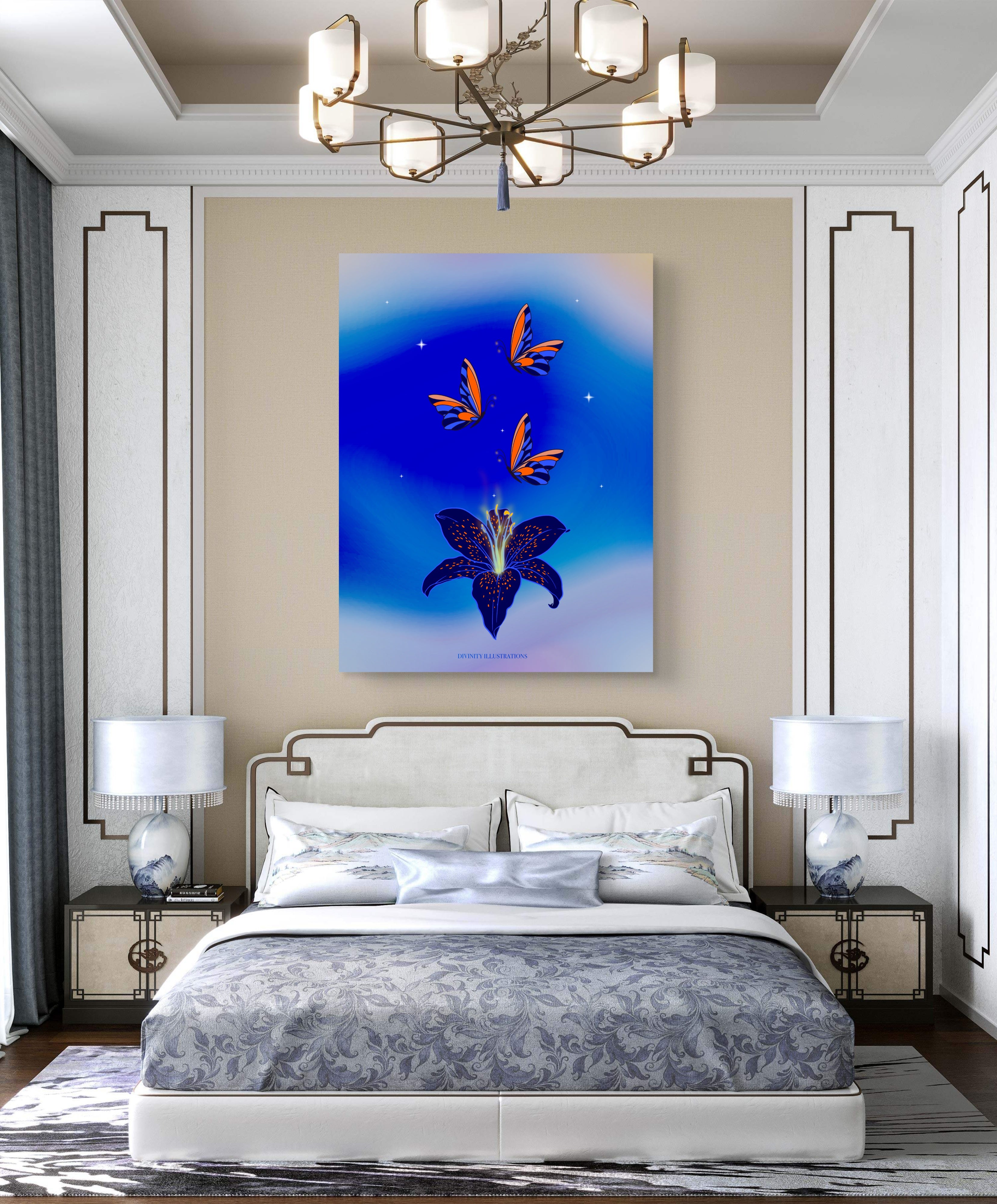 Modern bedroom with a bed, lamps, and a decorative wall painting.