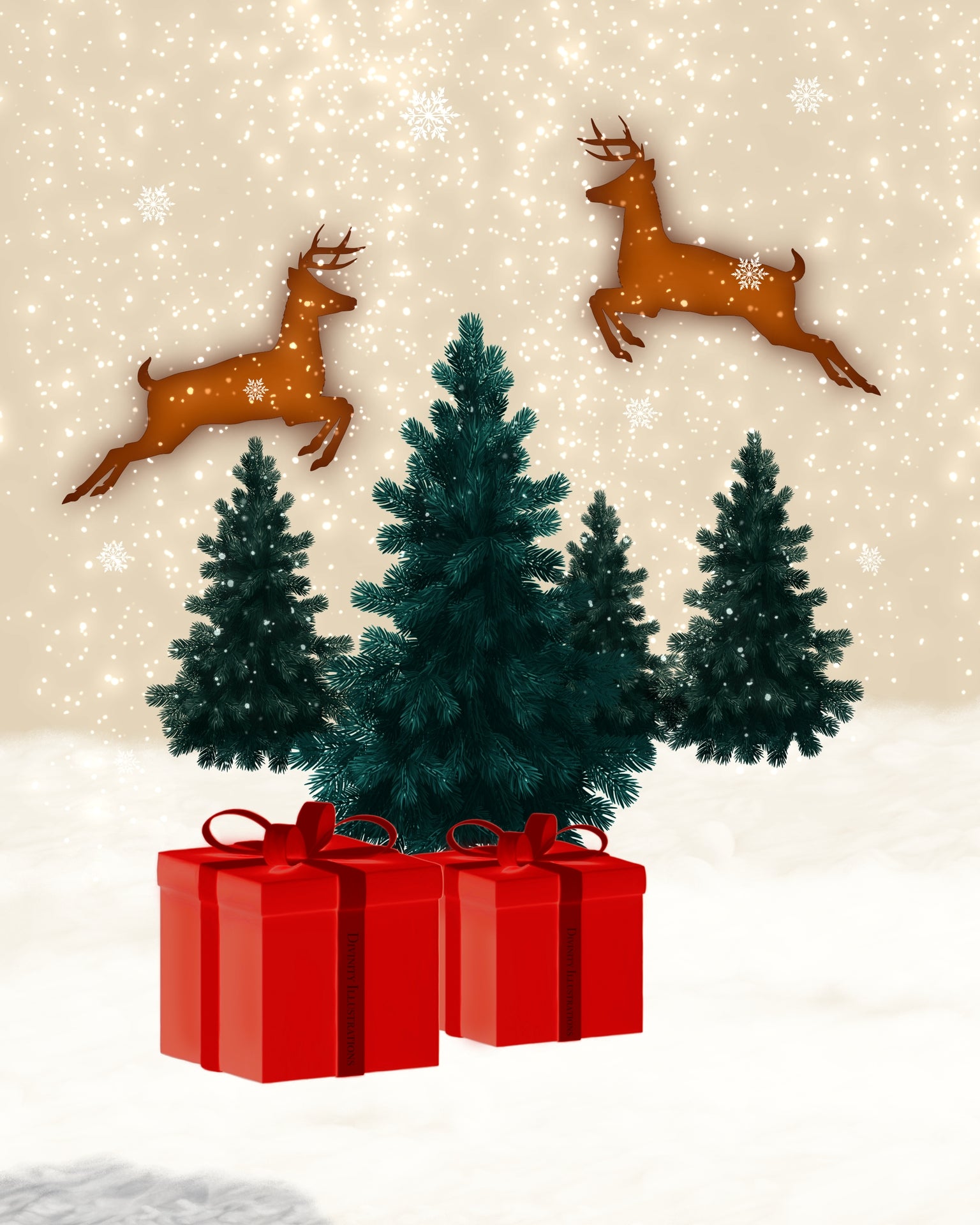 Decorative scene with Christmas trees, red presents, and deer against a snowy background.