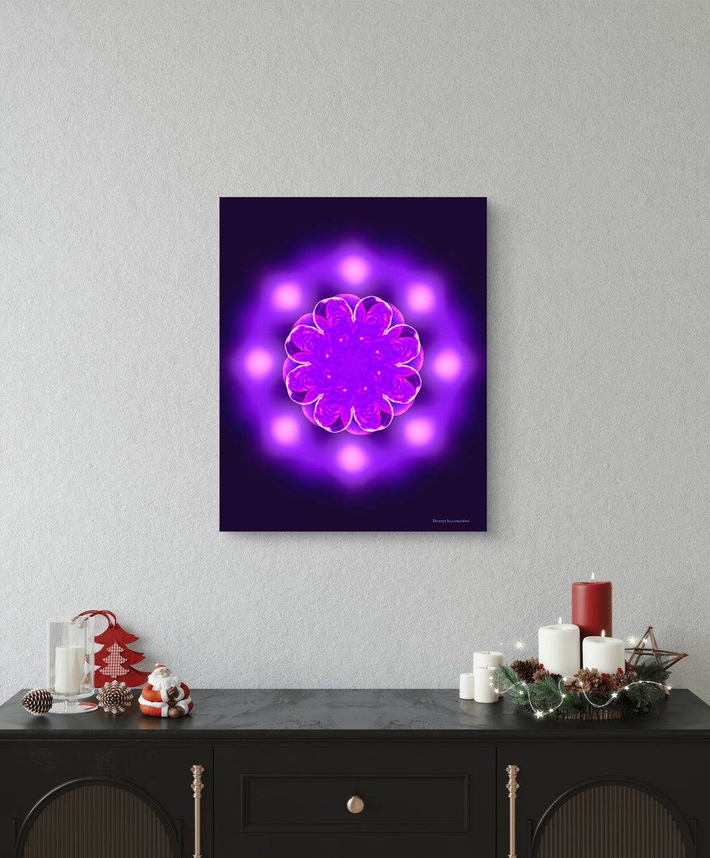 Purple mandala art piece on a gray wall above a dark wooden console table with decorative items.