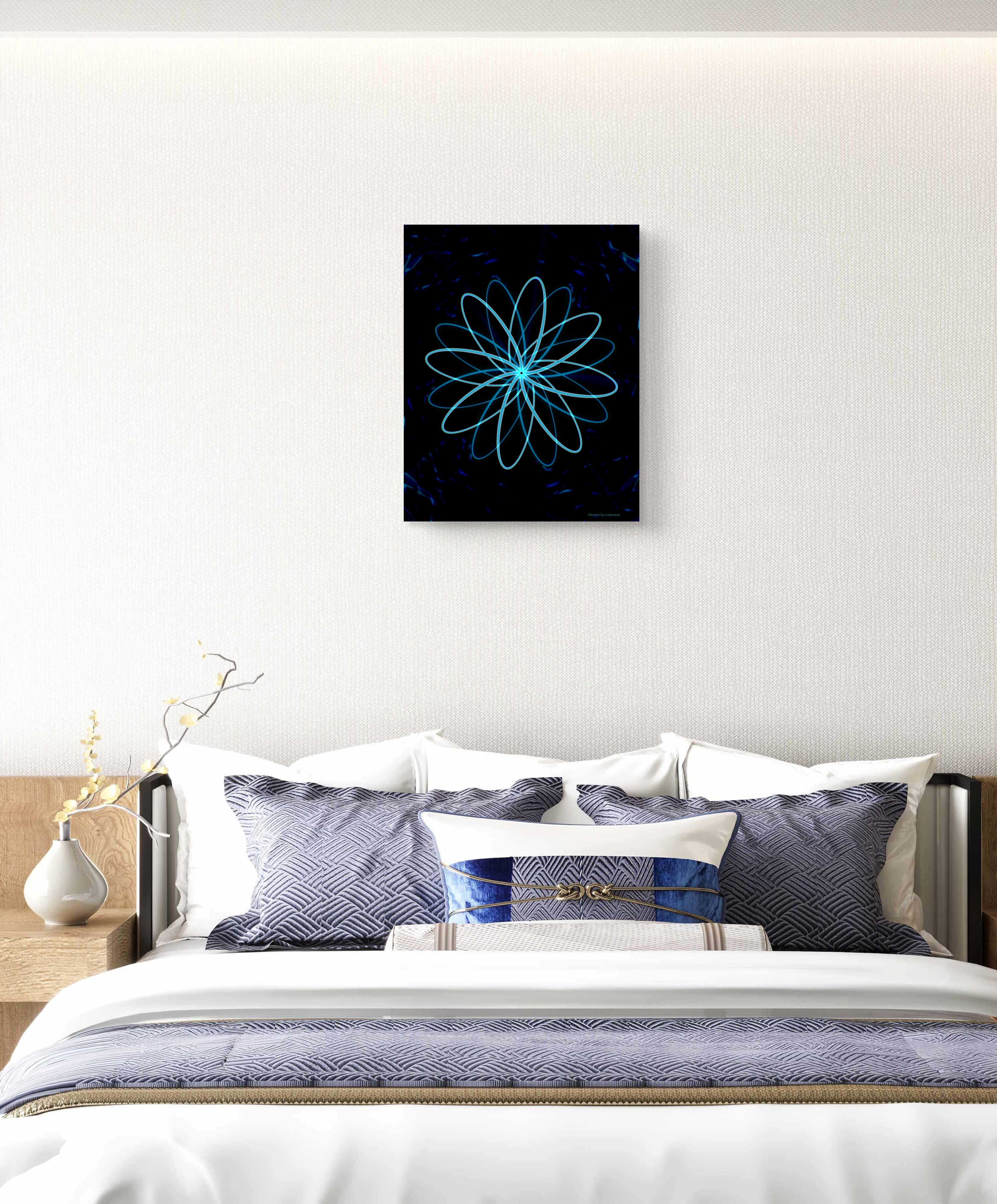 The Transcendence Bloom – Abstract Blue Light Floral Art on Archival Hahnemühle German Etching (Unframed)